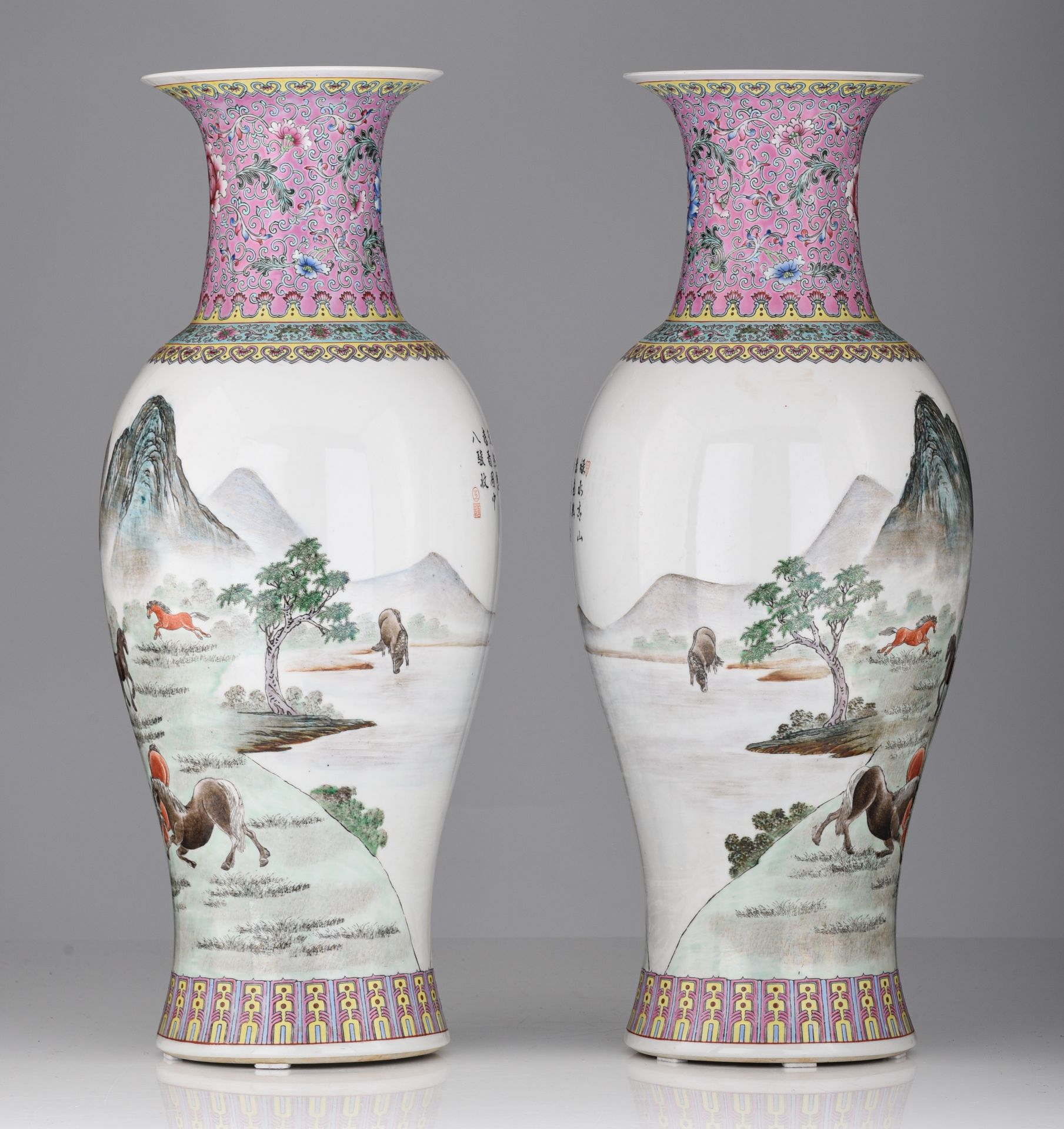 A pair of Chinese famille rose baluster vases, 20thC, H 61 cm - Image 5 of 8