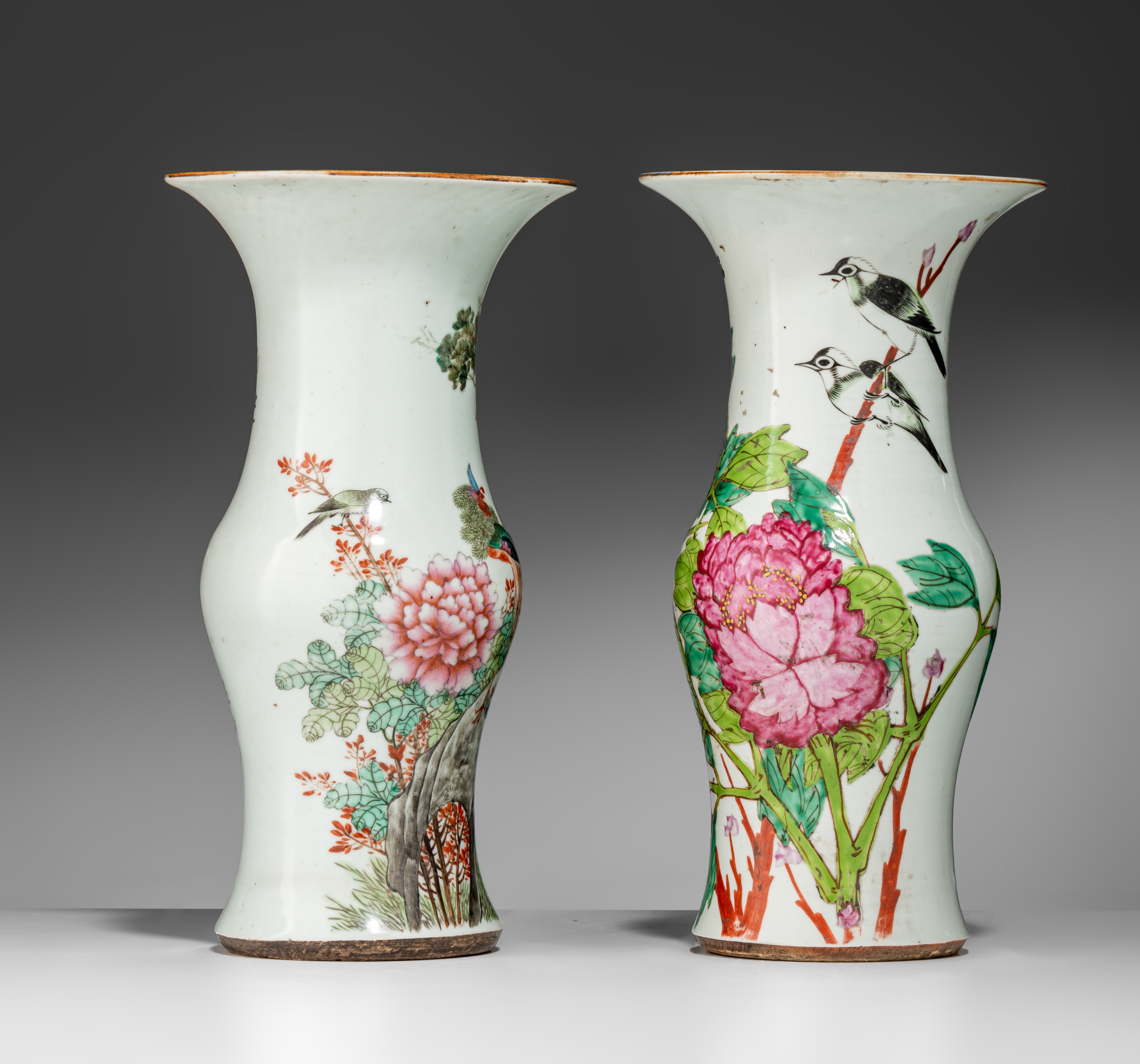 Four Chinese Qianjiangcai and famille rose phoenix-tail vases, Republic period, H 36 cm - Image 7 of 7