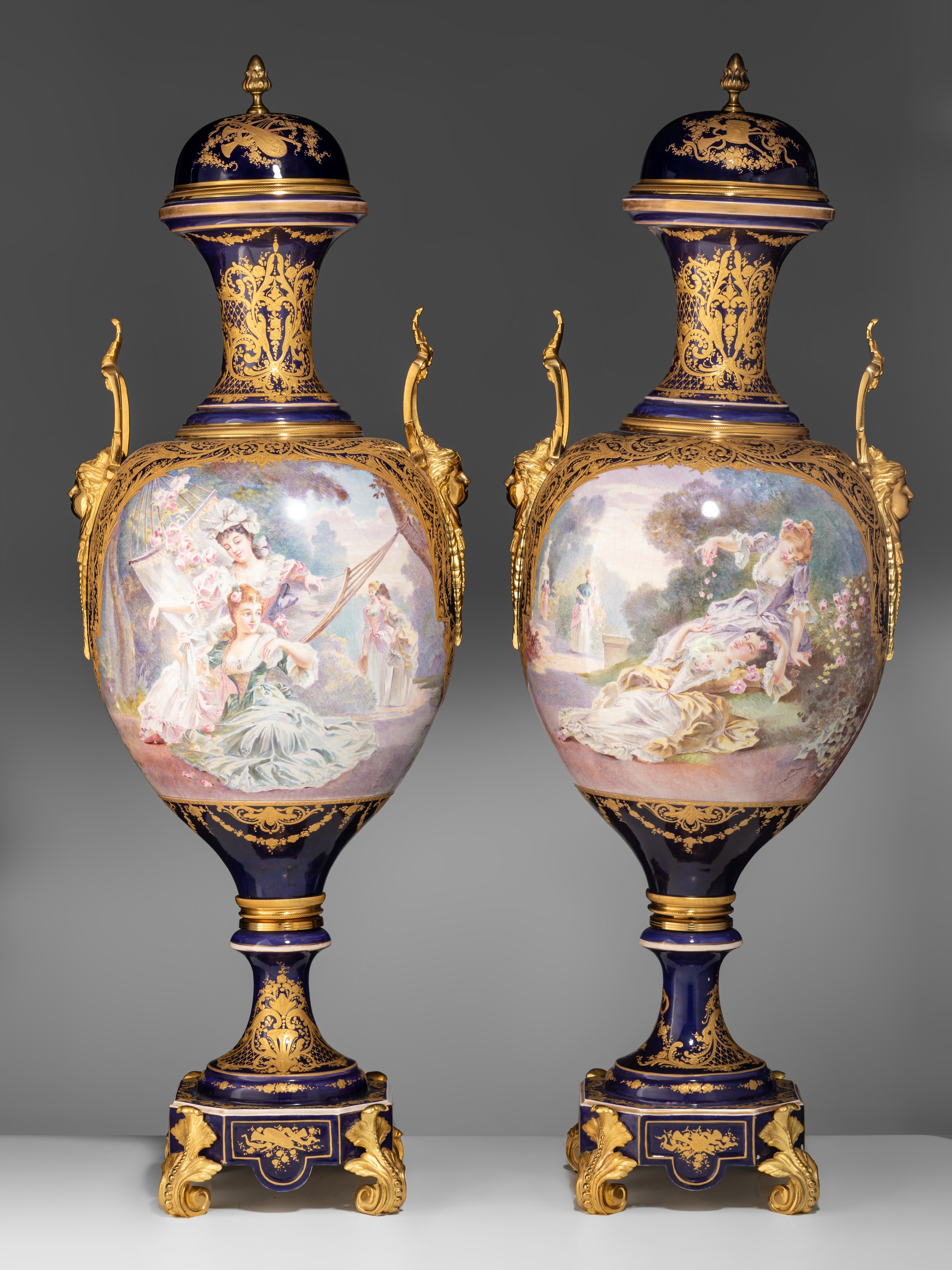 An imposing pair of Sèvres vases, with gallant scenes and gilt bronze mounts, H 97 cm - Image 2 of 13