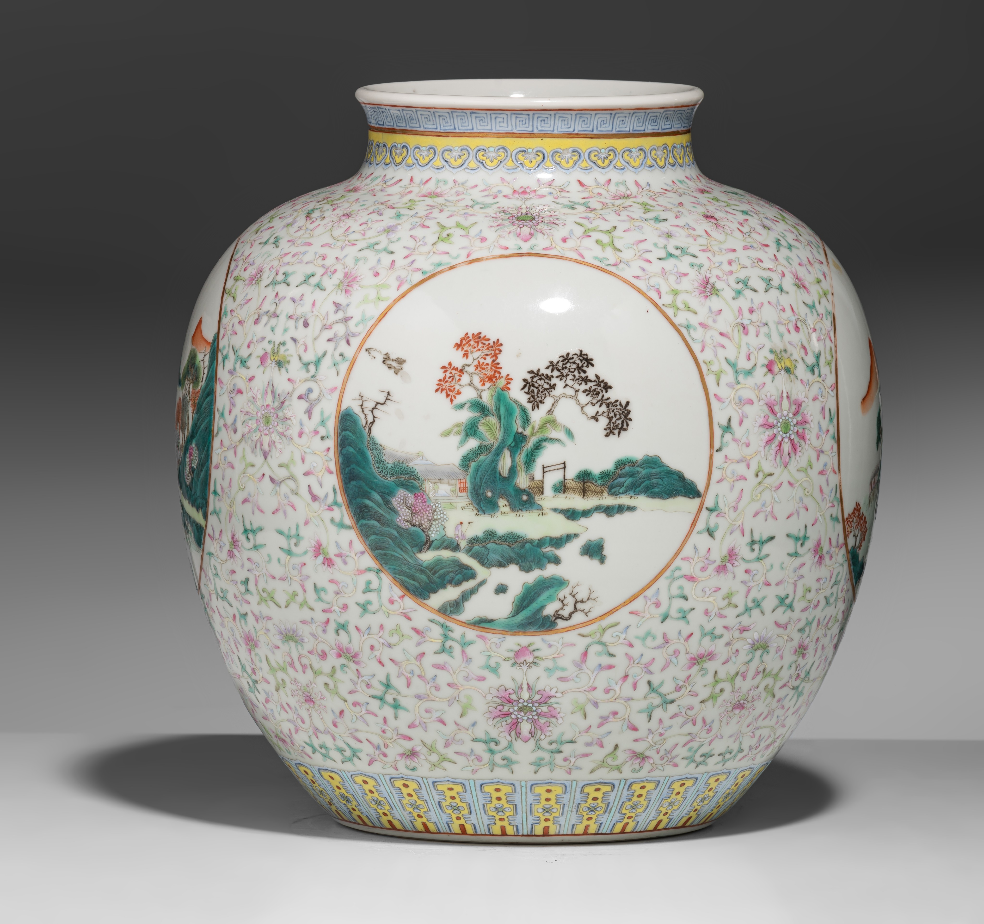 A Chinese famille rose 'Lotus scroll' zun vase, with a Qianlong mark, 19thC, H 25 - ø 23 cm - Image 5 of 8