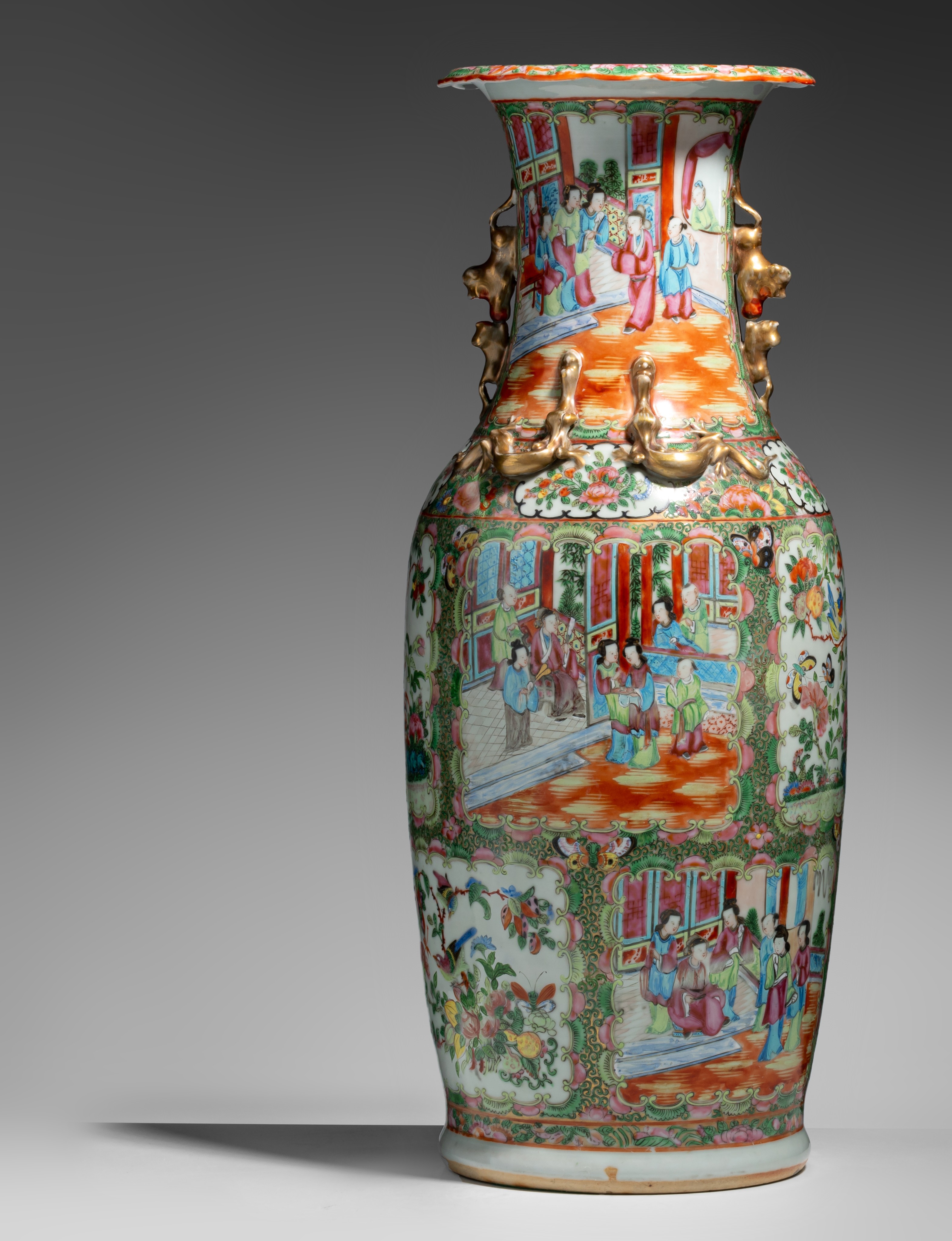 A Chinese Canton famille rose vase, H 62,5 cm - and a Chinese famille rose double-sided decorated va - Image 2 of 13