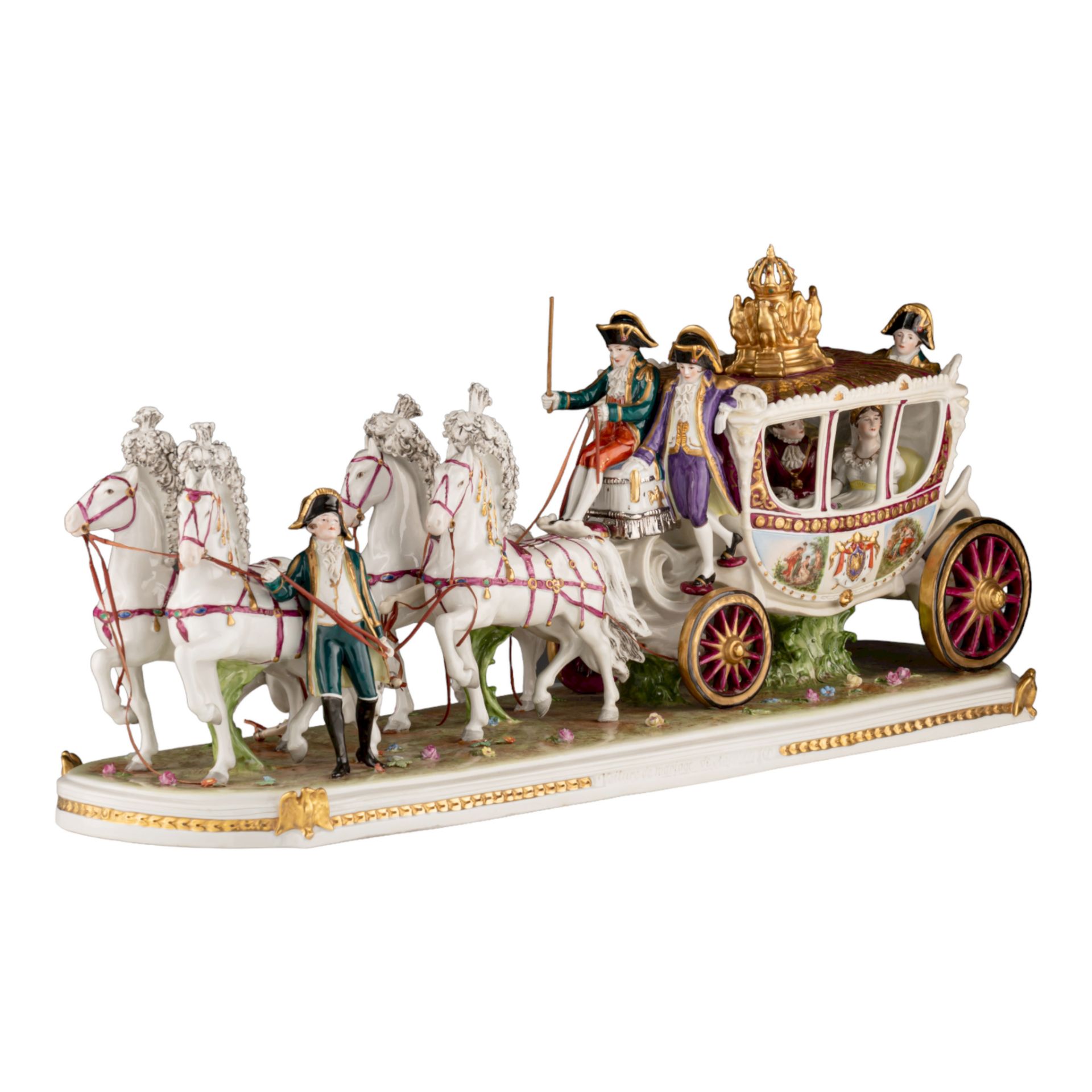 A Saxony porcelain group of the bridal chariot of Napoleon Bonaparte, H 29 - W 67 cm