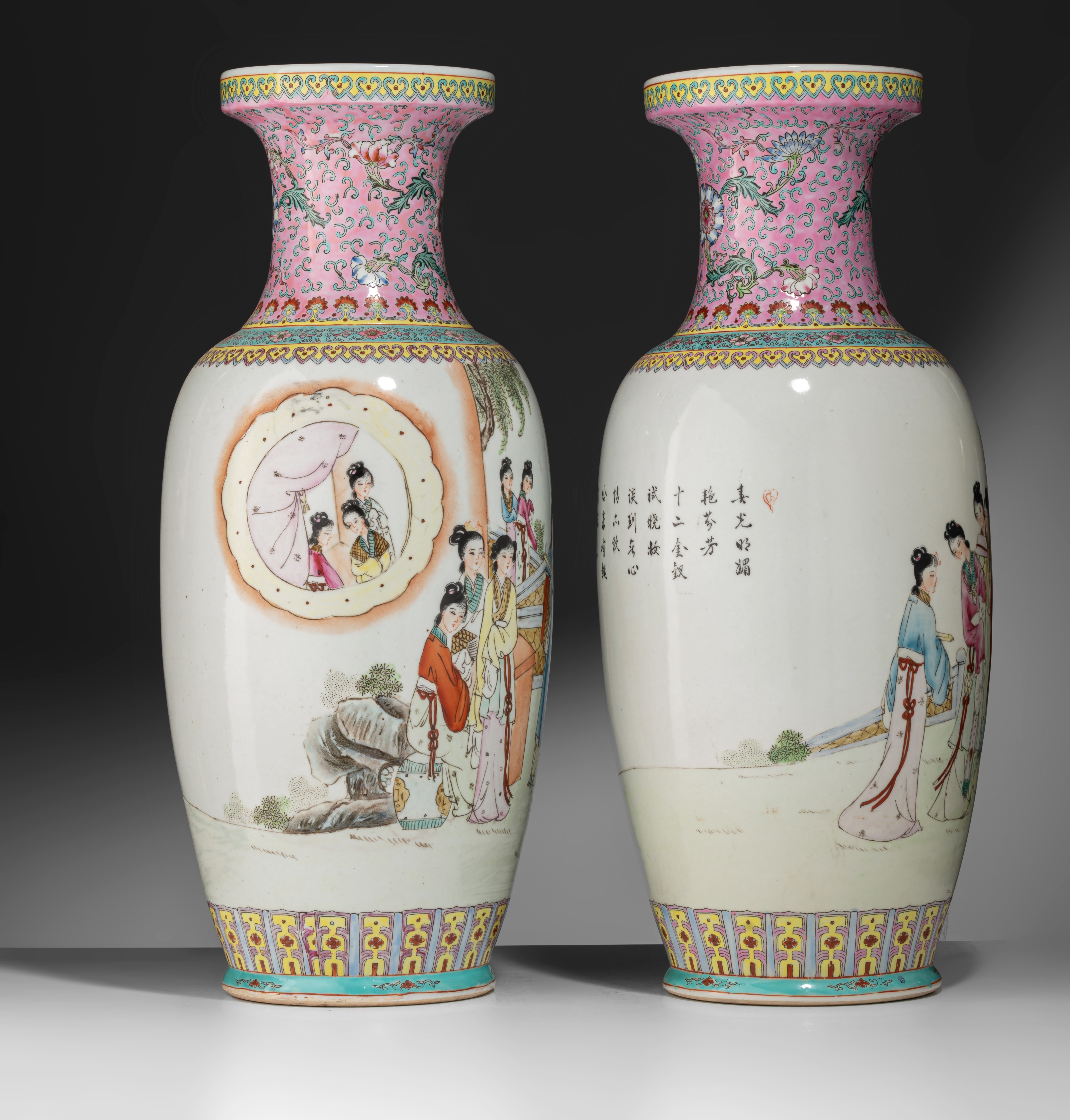A pair of Chinese famille rose vases, 20thC, H 61 cm - Image 5 of 7
