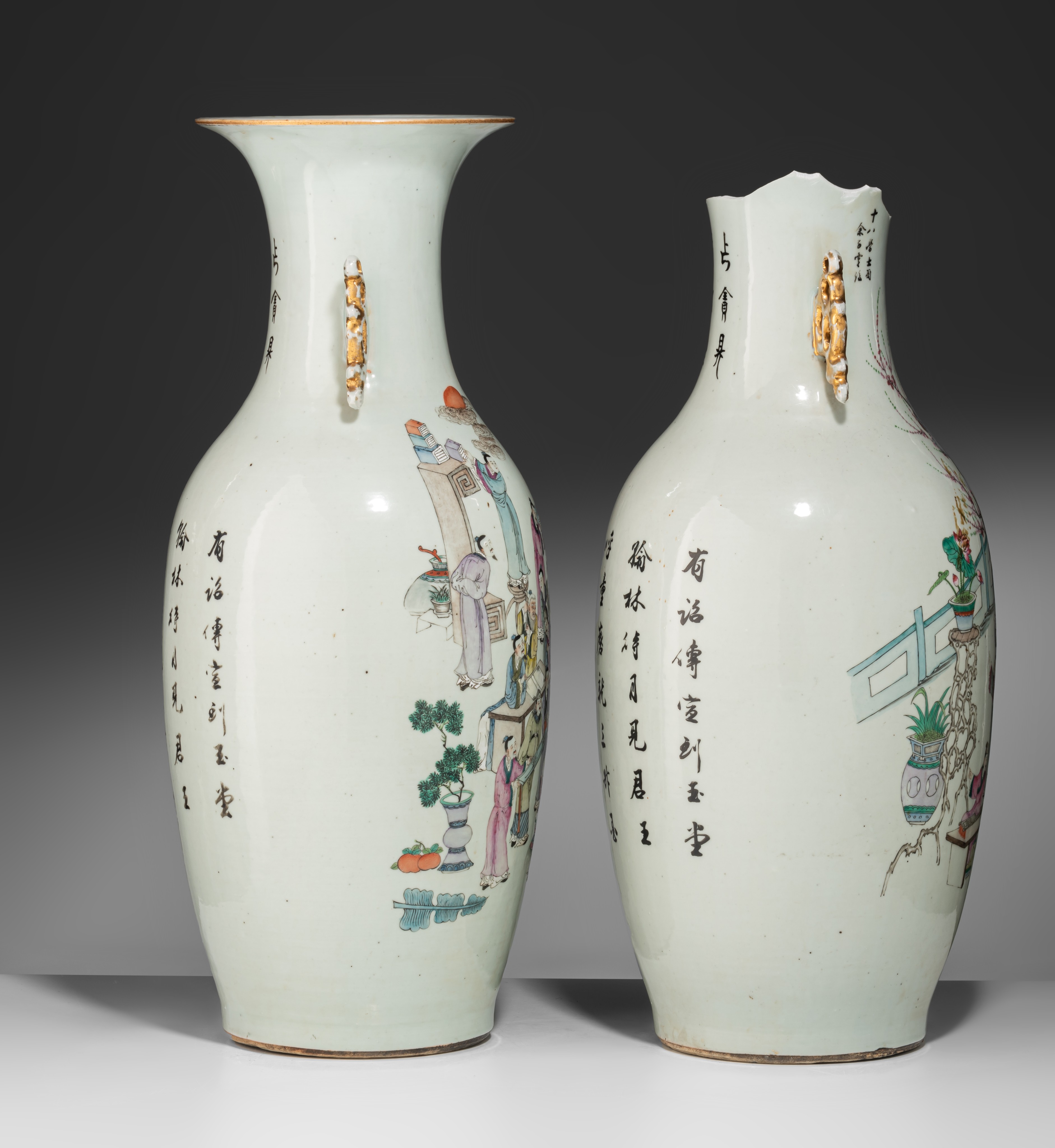 A pair of Chinese Qianjiangcai 'Scholars' vases, paired with lingzhi handles, Republic period, H 58 - Image 5 of 7