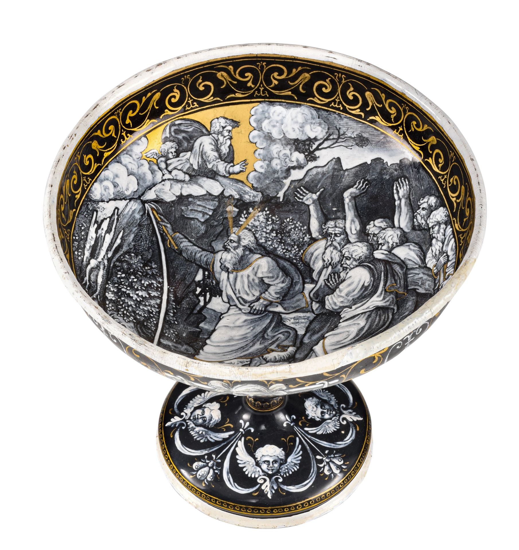 A Limoges enamel tazza, depicting Moses, presumably 16thC, H 17,5 cm - ø 19,5 cm