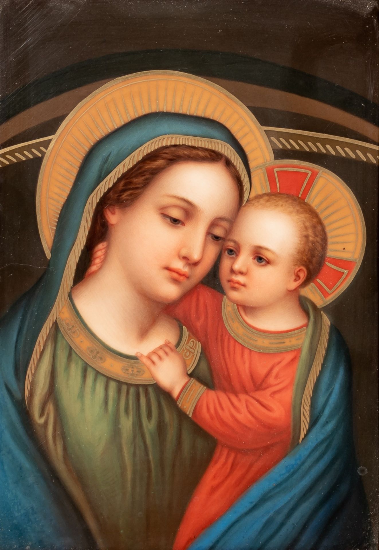 A finely painted KPM porcelain plaque of the Madonna and Child, in a richly decorated frame, late 19 - Image 2 of 3