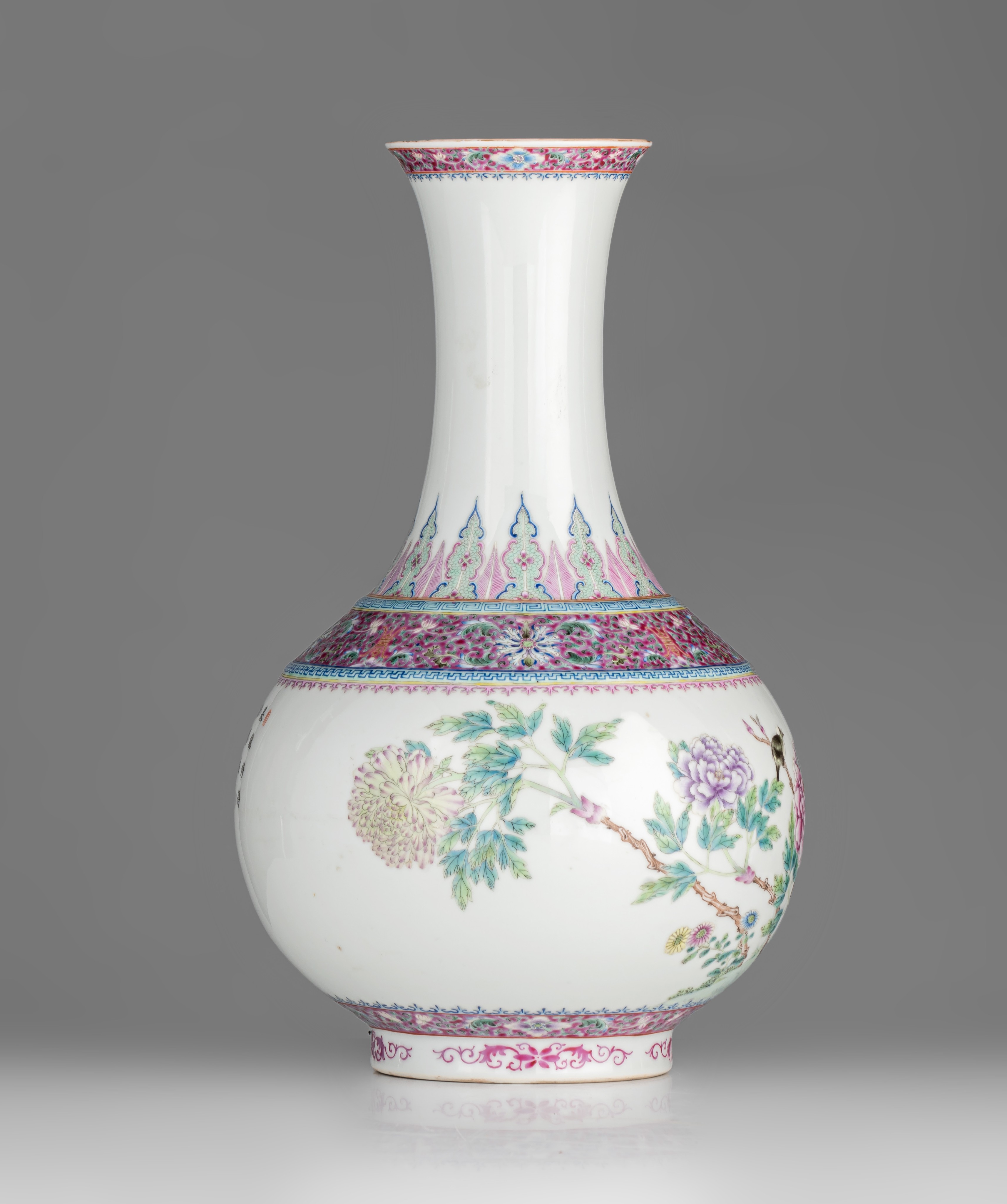 A fine Chinese famille rose 'Birds and Flowers' bottle vase, with a Qianlong mark, Republic period, - Image 6 of 9