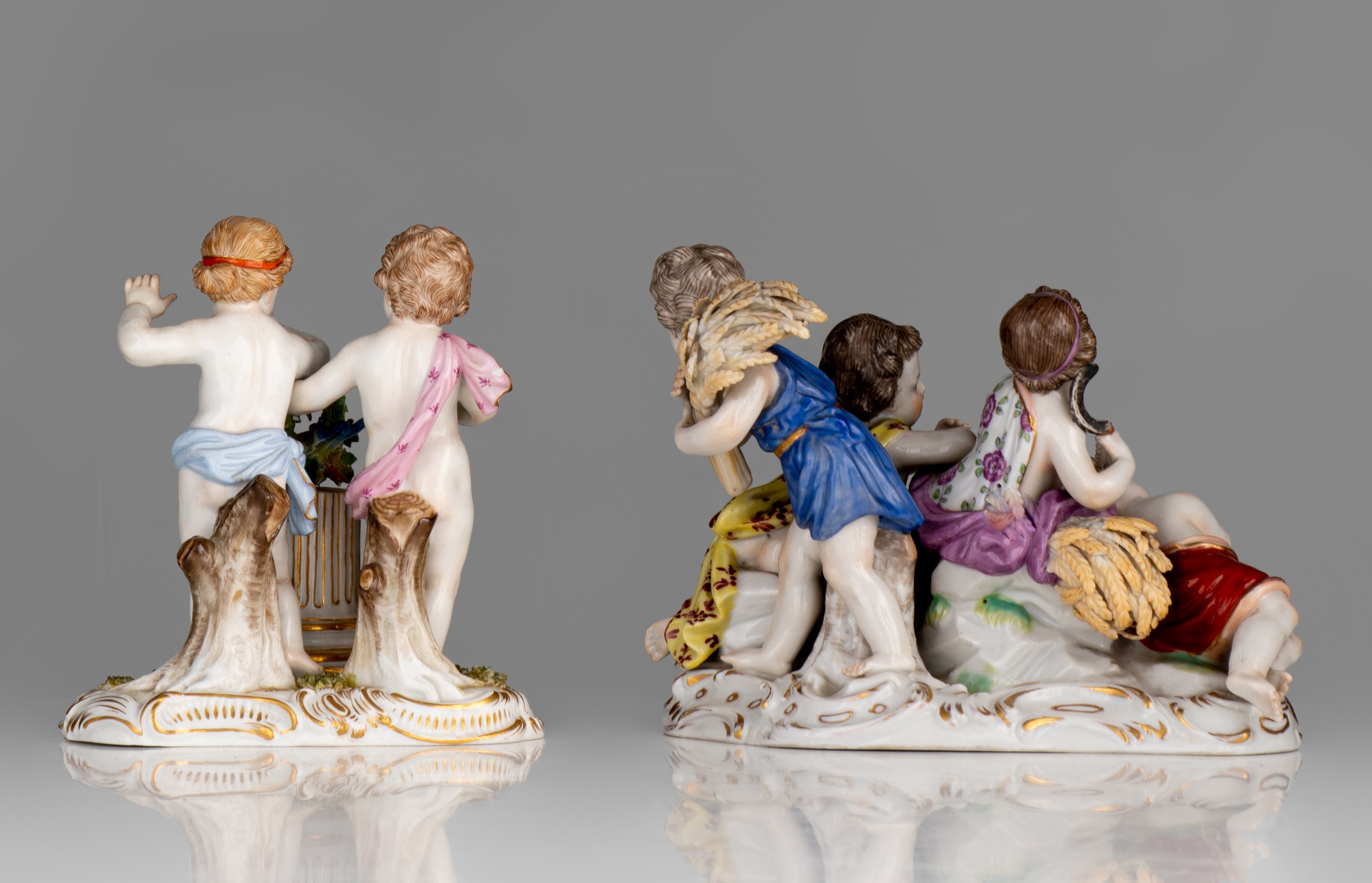 Two fine polychrome Saxony groups, marked Meissen and Rudolfstadt, 19thC, H 12 cm - Image 4 of 8