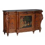 A Neoclassical mahogany dresser with a central chinoiserie panel and marble top, H 104 - W 184 - D 5