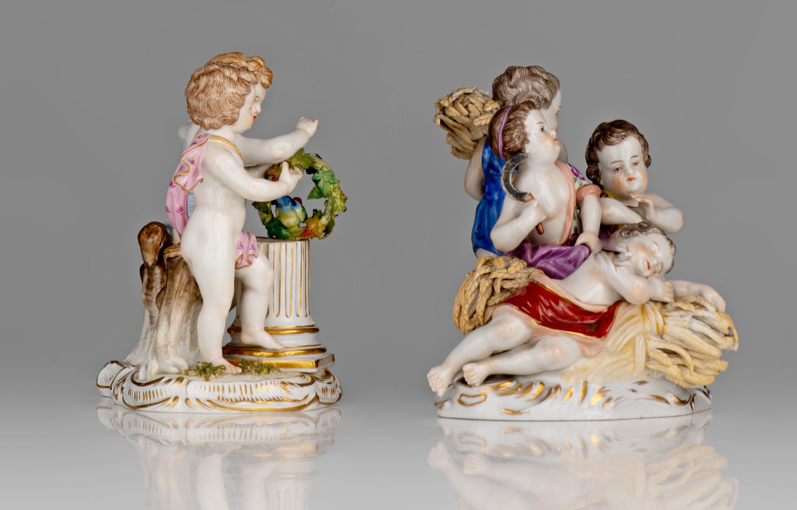 Two fine polychrome Saxony groups, marked Meissen and Rudolfstadt, 19thC, H 12 cm - Image 5 of 8