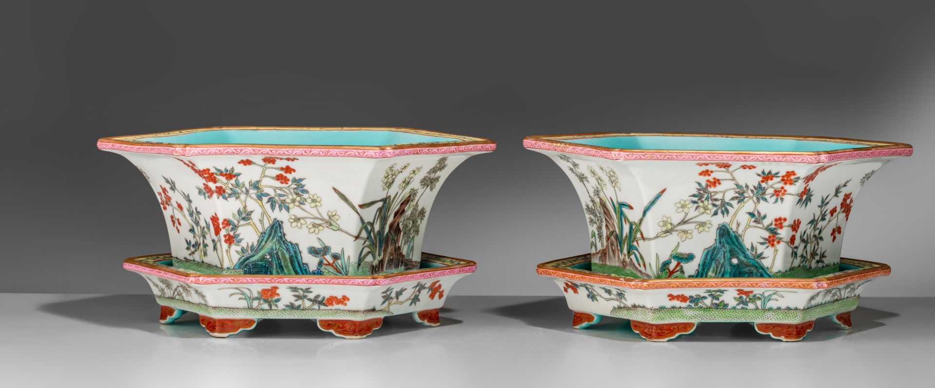 A pair of Chinese famille rose and turquoise enamelled hexagonal jardinières and stands, marked Shen - Image 5 of 12