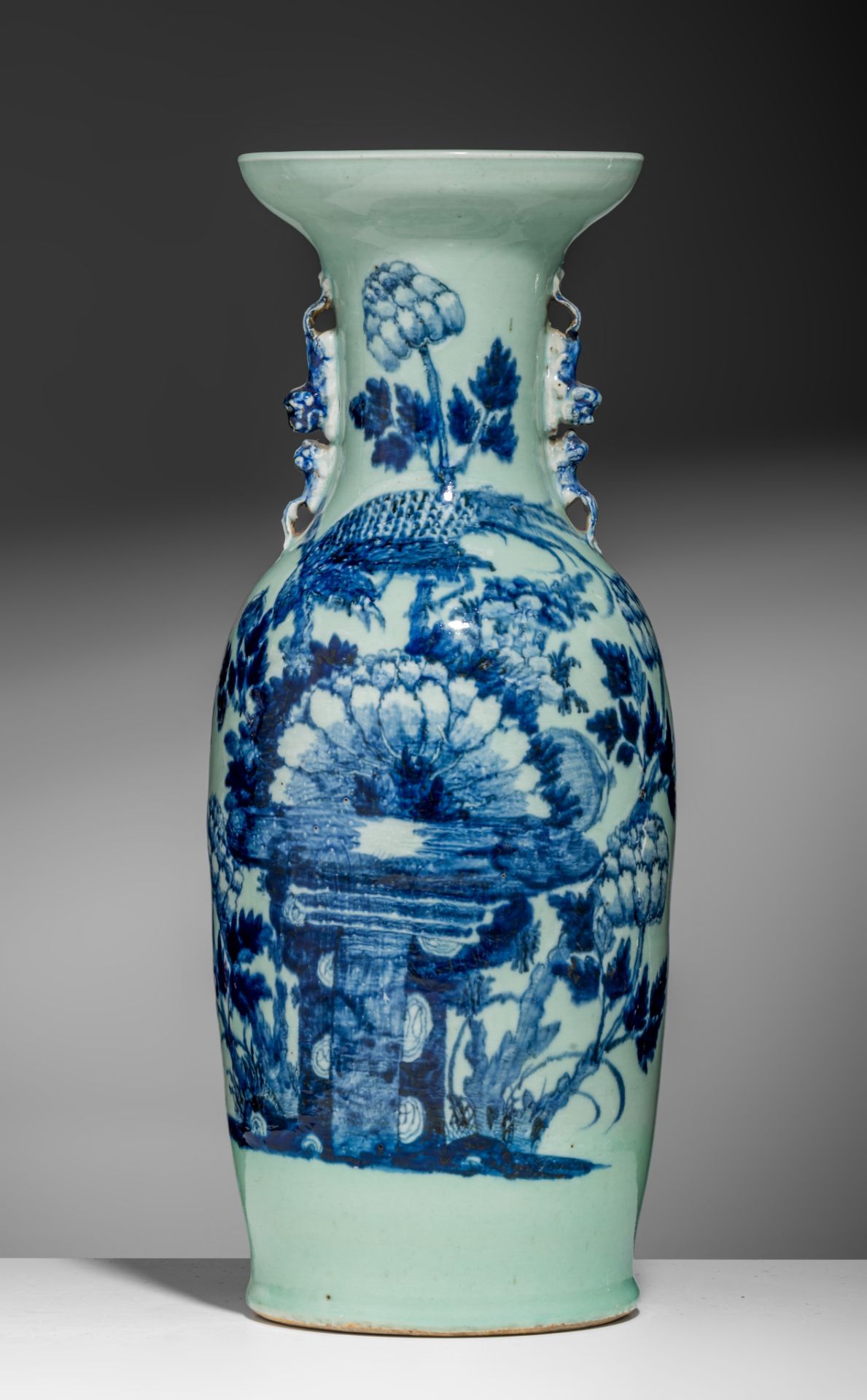 Three blue and white on celadon vases, 19thC, H 58 - 61 cm - Image 8 of 19