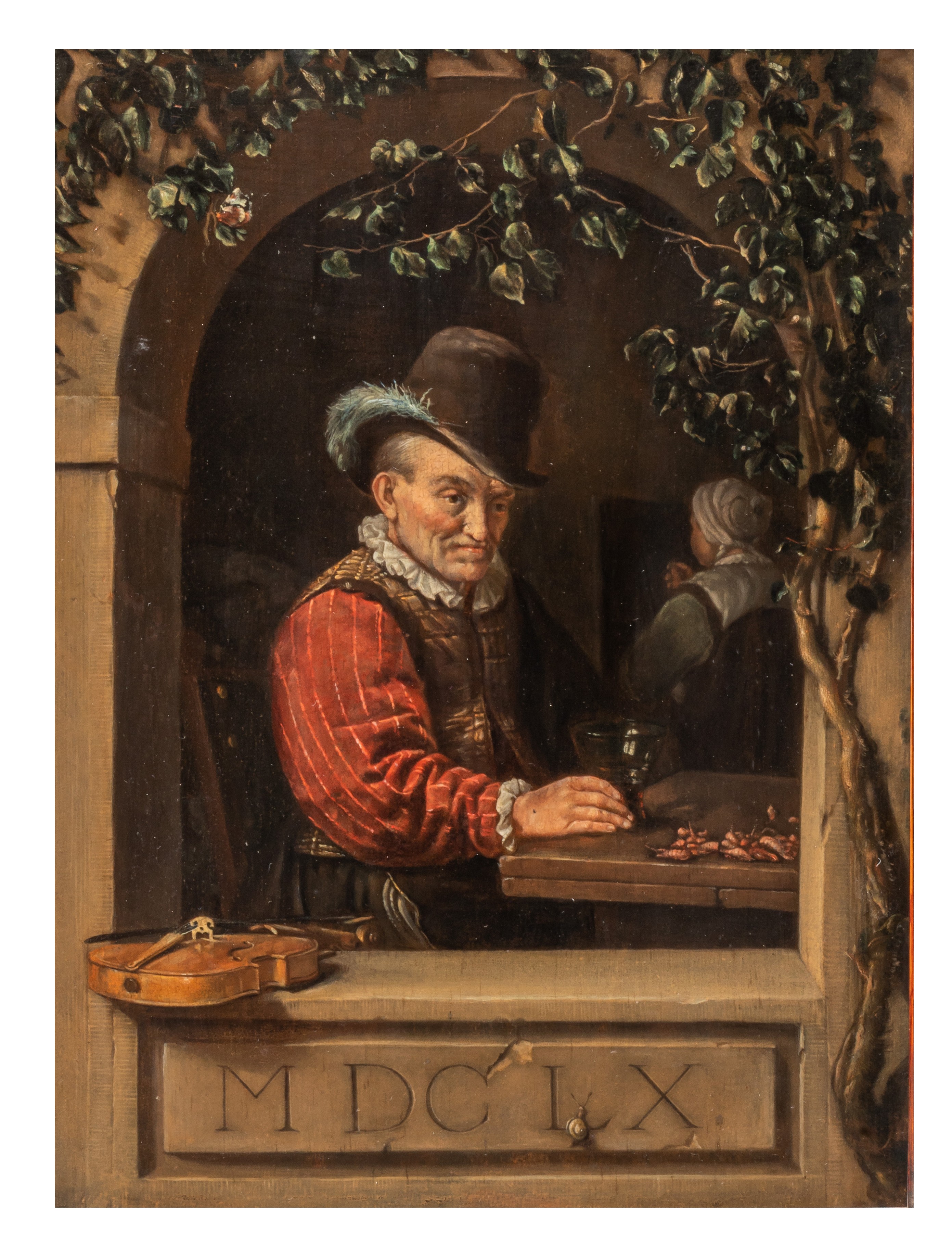 After Frans Van Mieris (1635-1689), an old fiddler in a stone-arched niche, 17th/18thC, oil on panel