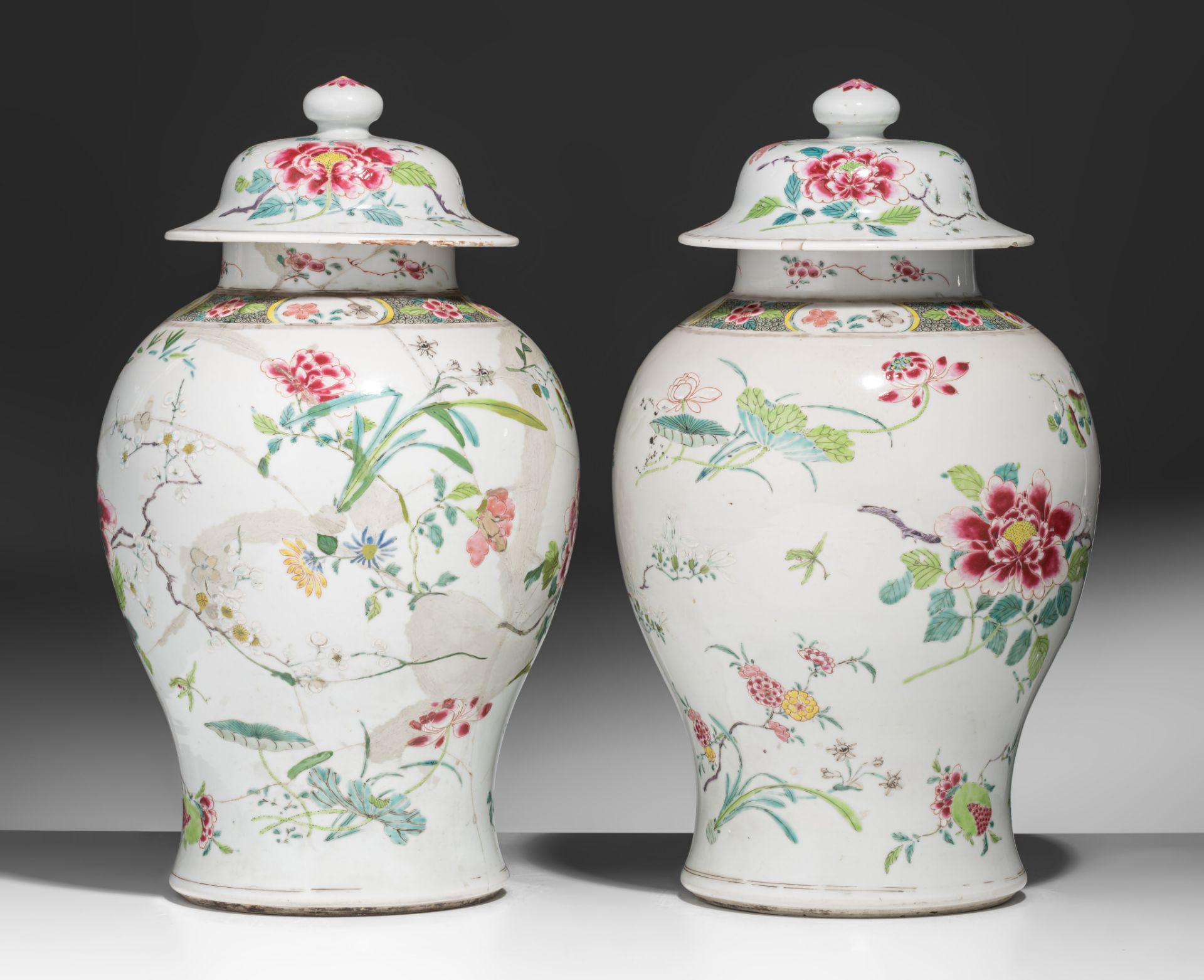 A pair of Chinese famille rose floral decorated covered vases, Yonghzeng period, H 42 cm - Image 2 of 9