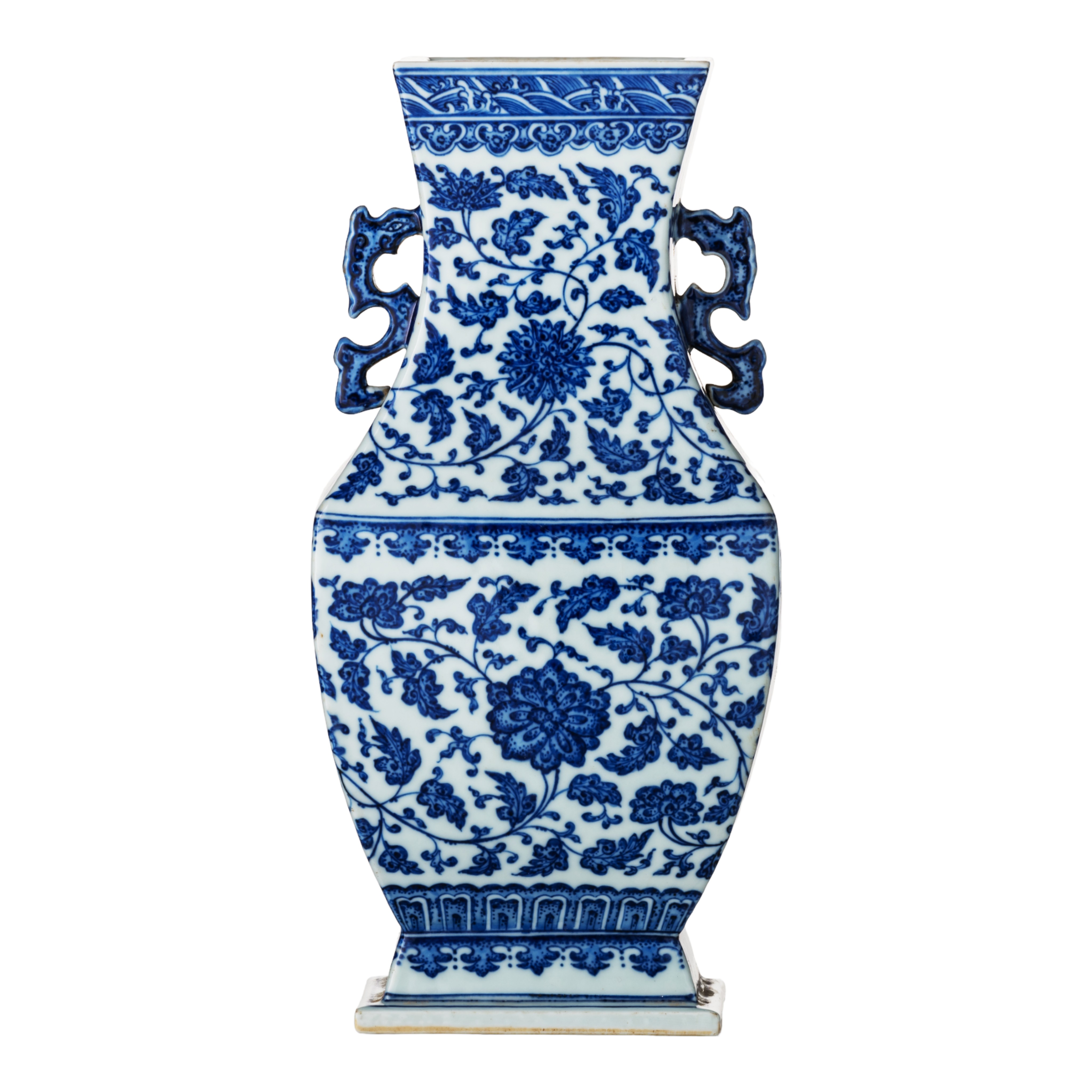 A Chinese blue and white 'Lotus scrolls' fanghu vase, paired with dragon handles, with a Qianlong ma