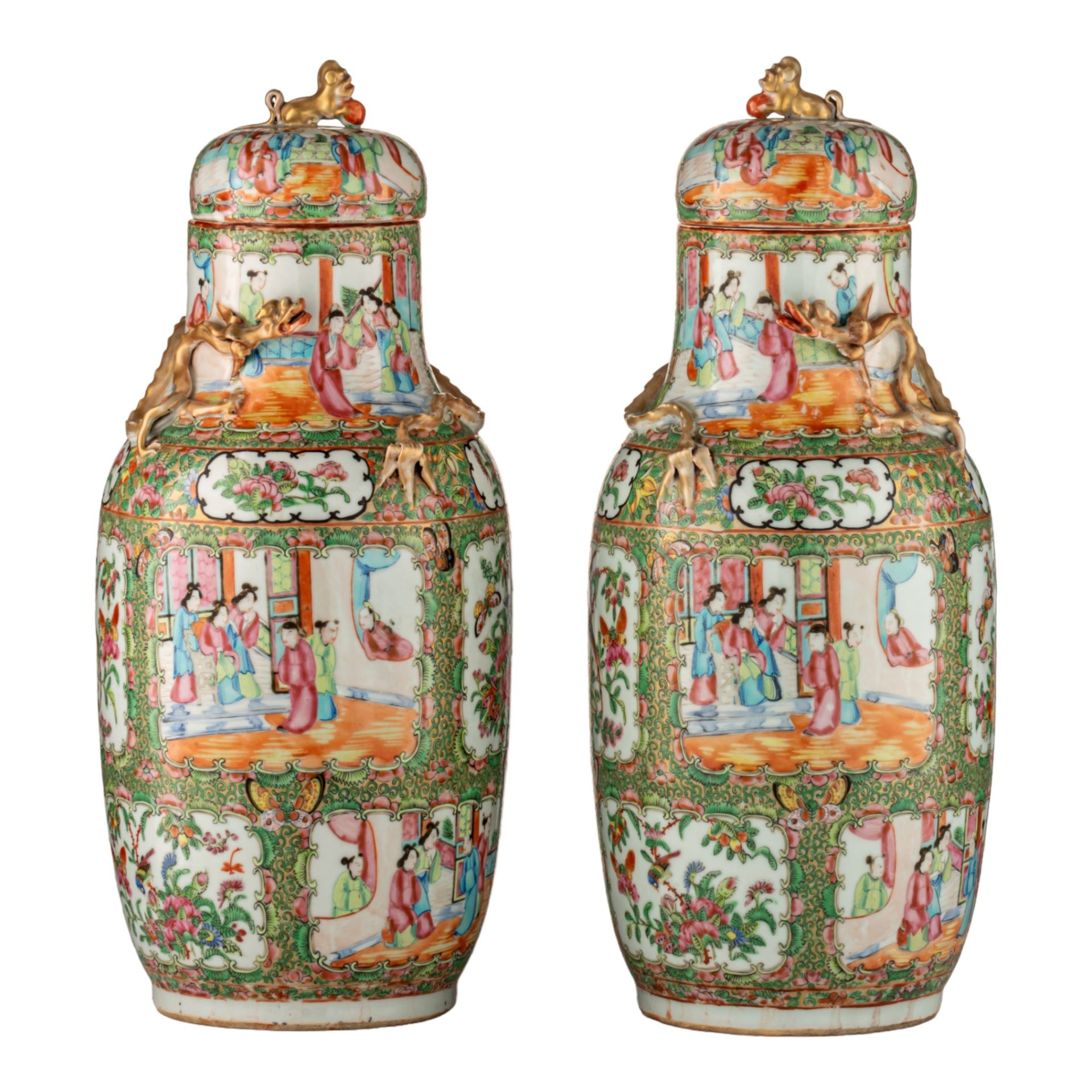 A pair of Chinese Canton lidded vases, 19thC, H 50 cm