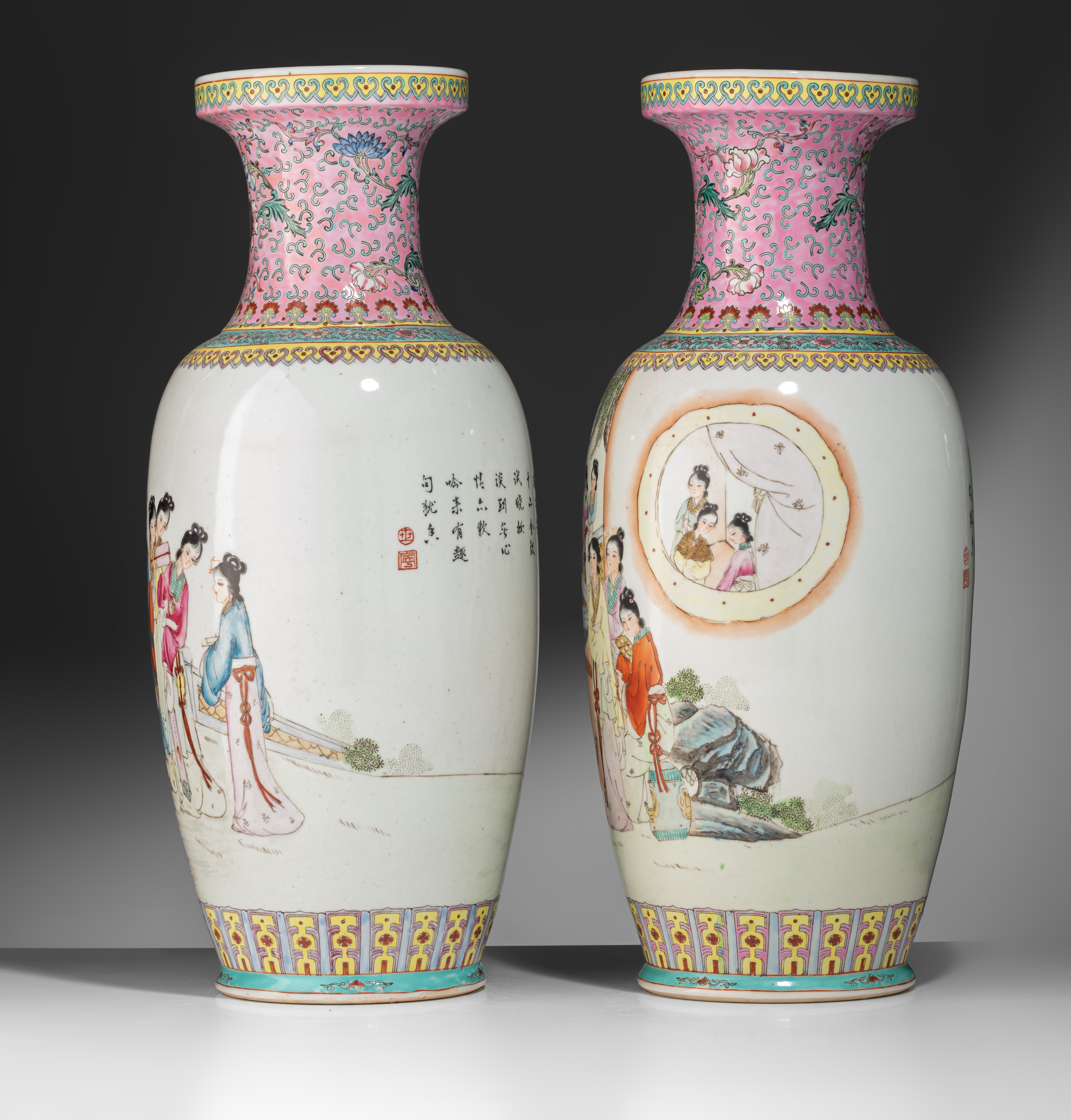 A pair of Chinese famille rose vases, 20thC, H 61 cm - Image 3 of 7