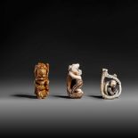 Three ivory okimono, H 4,4 - 5,2 - 5,3 cm / 18 - 15 - 29g (+)