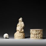 Three European ivory figures, 18th/19thC, weight: 24 g - 45 g - 546 g (+)