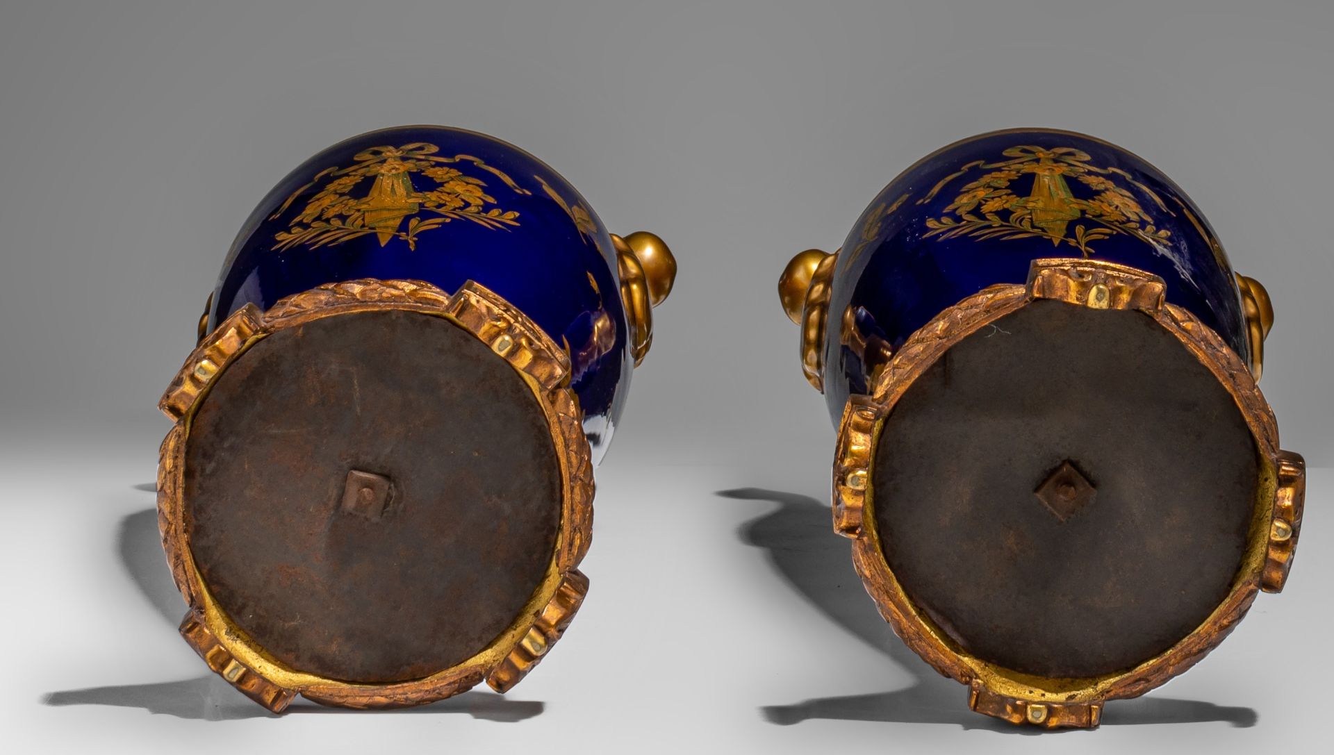 A pair of blue Royal ground and gilt decorated oblong Sevres-type vases, H 49,5 cm - Image 7 of 7