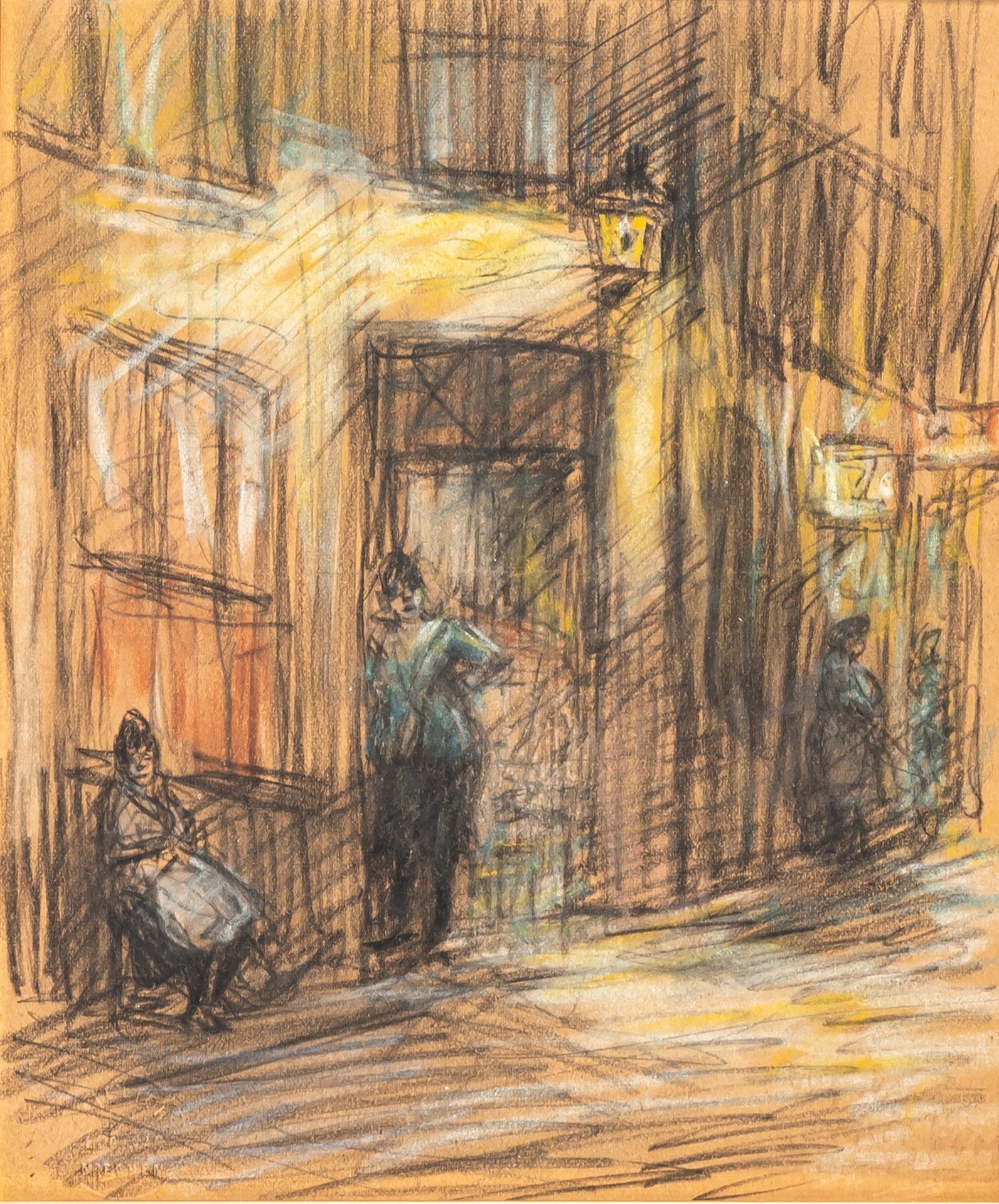 Eugeen Van Mieghem (1875-1930), Streetview with brothels, pastel drawing, 18 x 22 cm