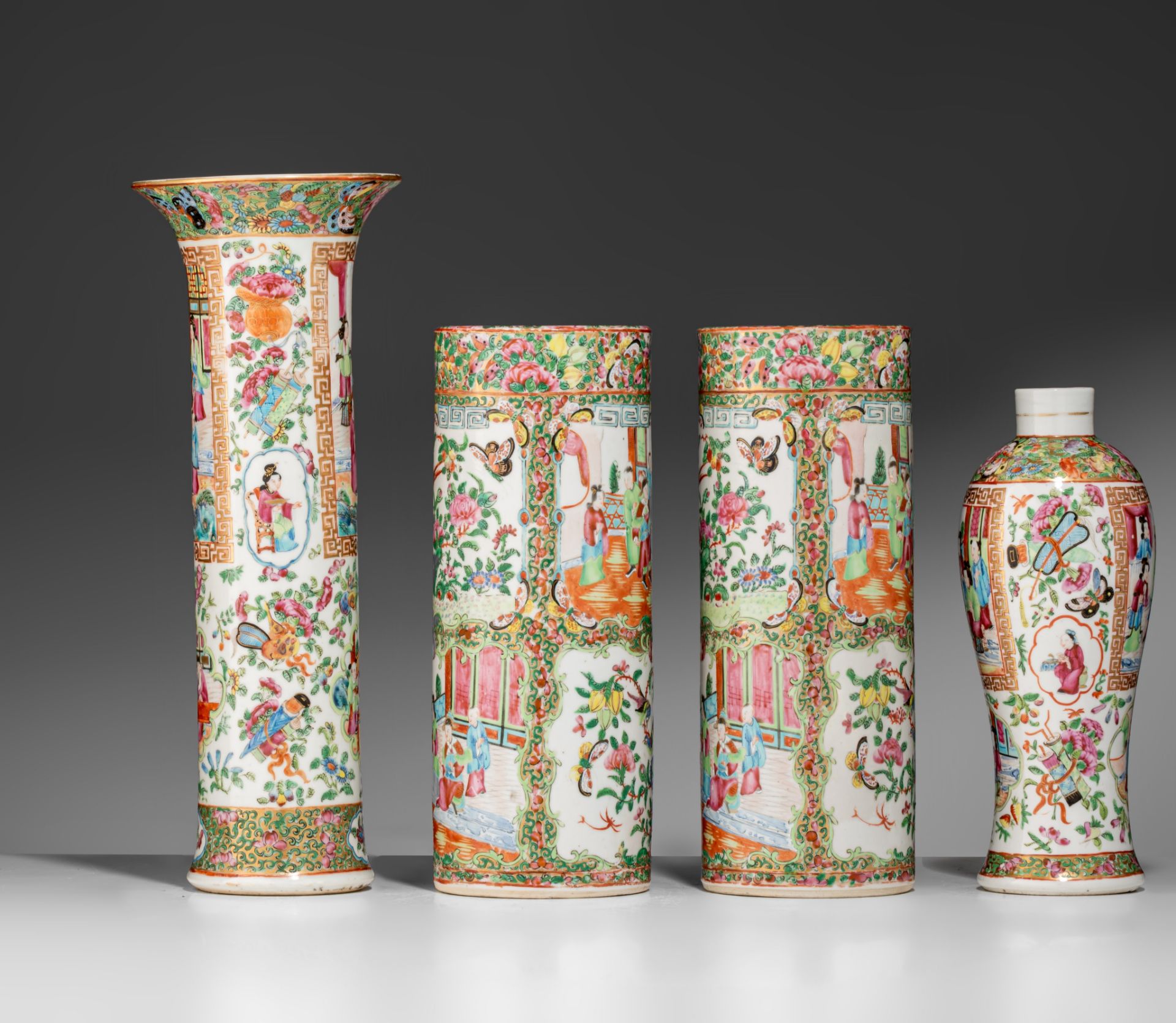 Four Chinese Canton famille rose garniture vases, 19thC, tallest H 39 cm - Bild 5 aus 7