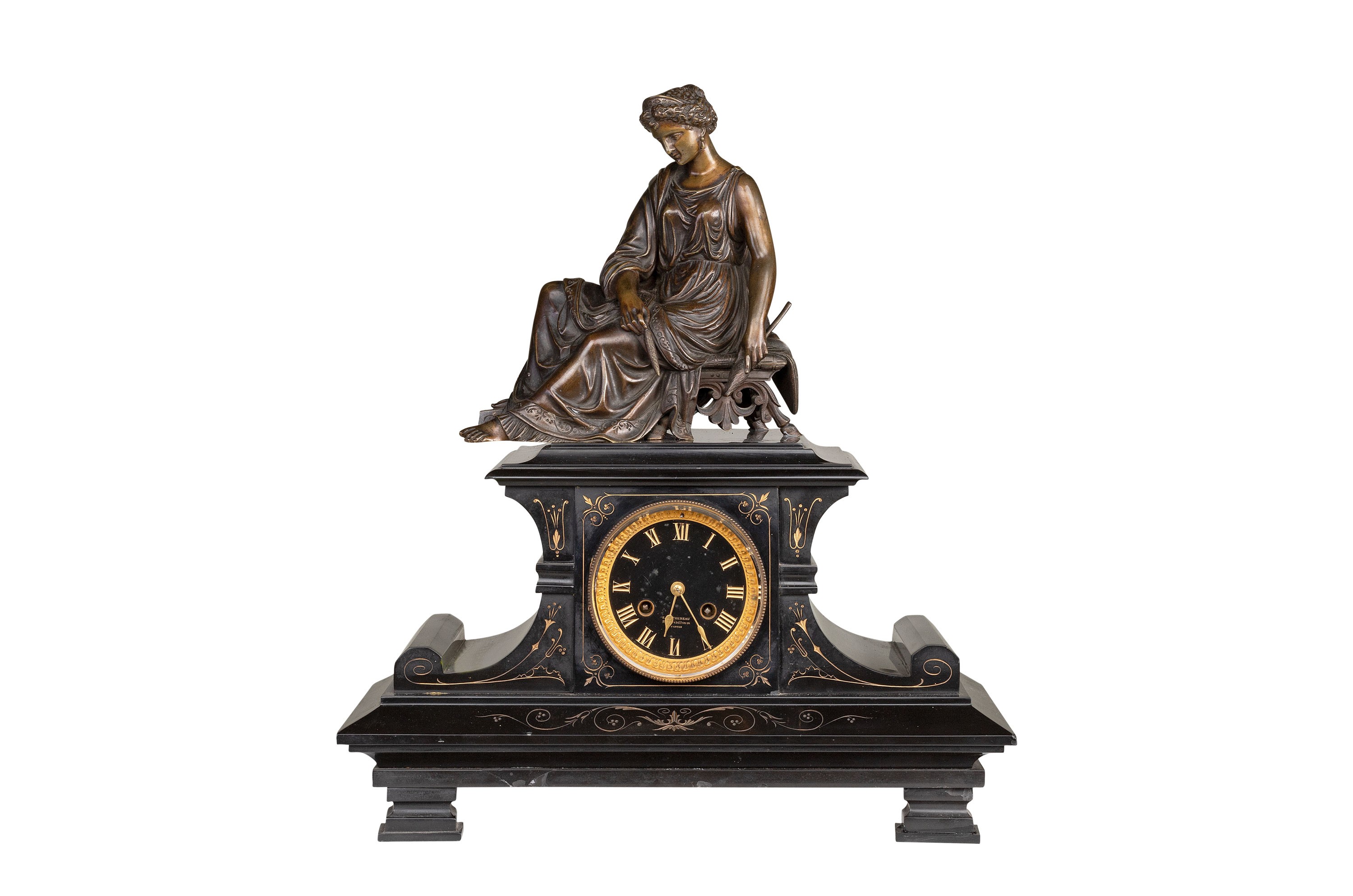 A Napoleon III marble mantle clock, with on top a patinated bronze female spinner, H 51 - W 44,5 cm