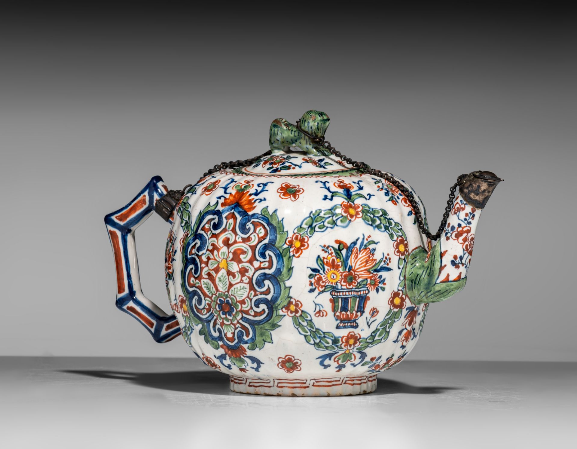 An 18thC Dutch Delft Kakiemon-style teapot, marked Lambertus van Eenhoorn, H 12 cm - Image 3 of 10