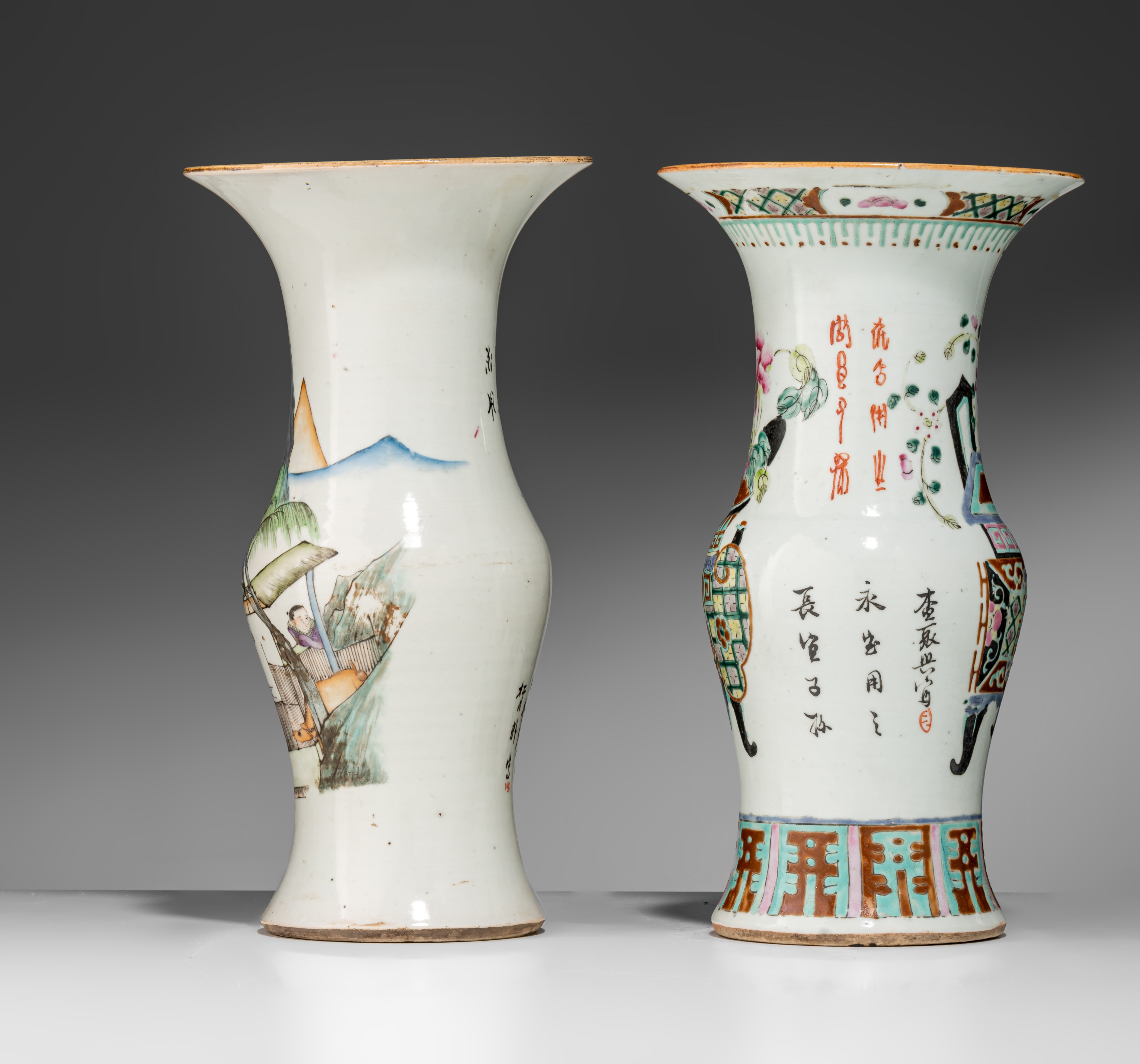 Four Chinese Qianjiangcai and famille rose phoenix-tail vases, Republic period, H 36 cm