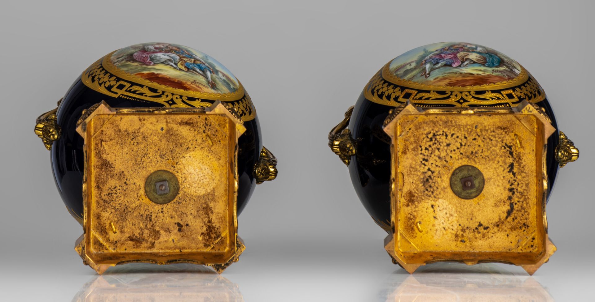 A three-piece Sèvres garniture set, decorated with gallant scenes, signed 'J. Césana', H 28,5 - 42,5 - Image 12 of 15