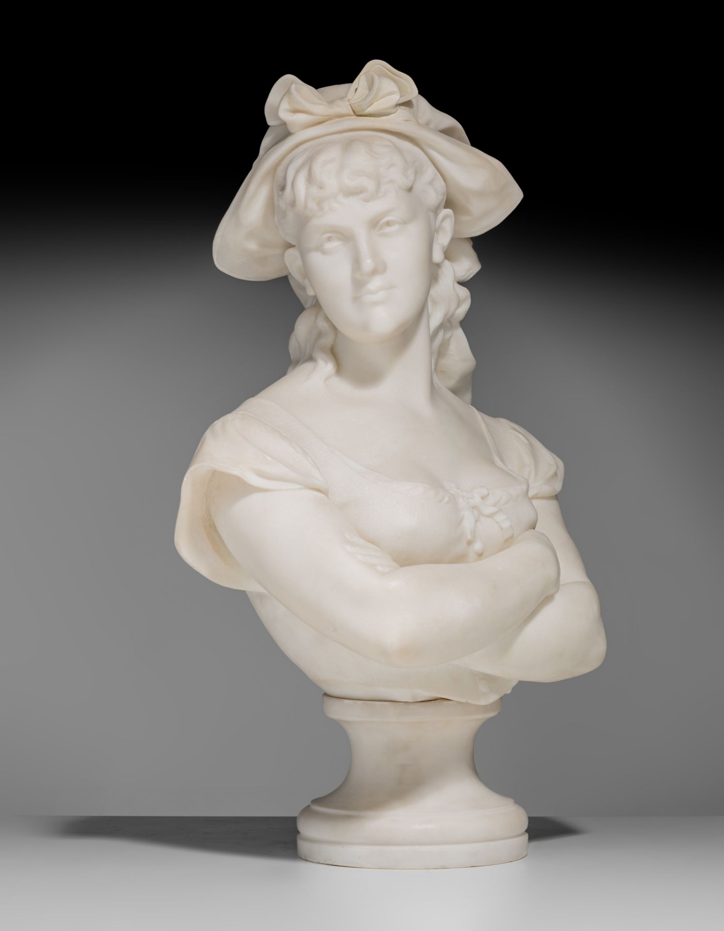 A Carara marble bust of a girl, H 56 cm - Image 9 of 11