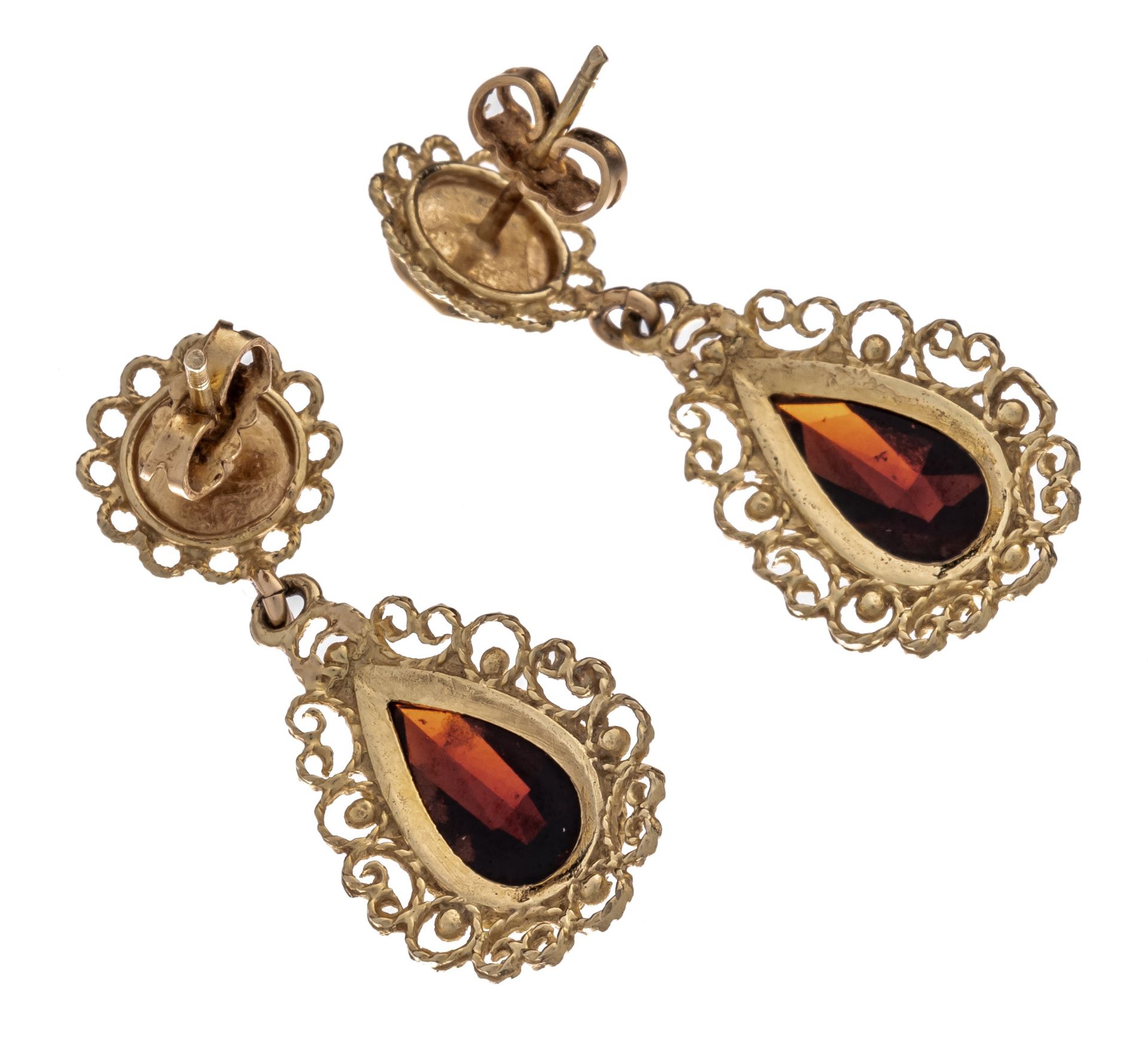 A pair of 18ct yellow gold drop earrings, set with garnets, H 3,5 cm - 7,2 g - Image 3 of 3