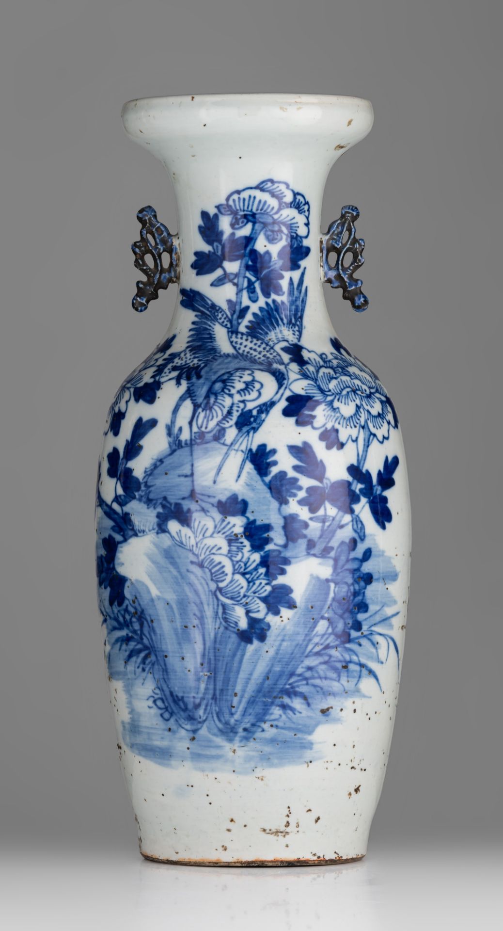 A Chinese famille rose 'Banquet' vase, and a blue and white vase, 19thC, H 59,5 - 65 cm - Image 8 of 13