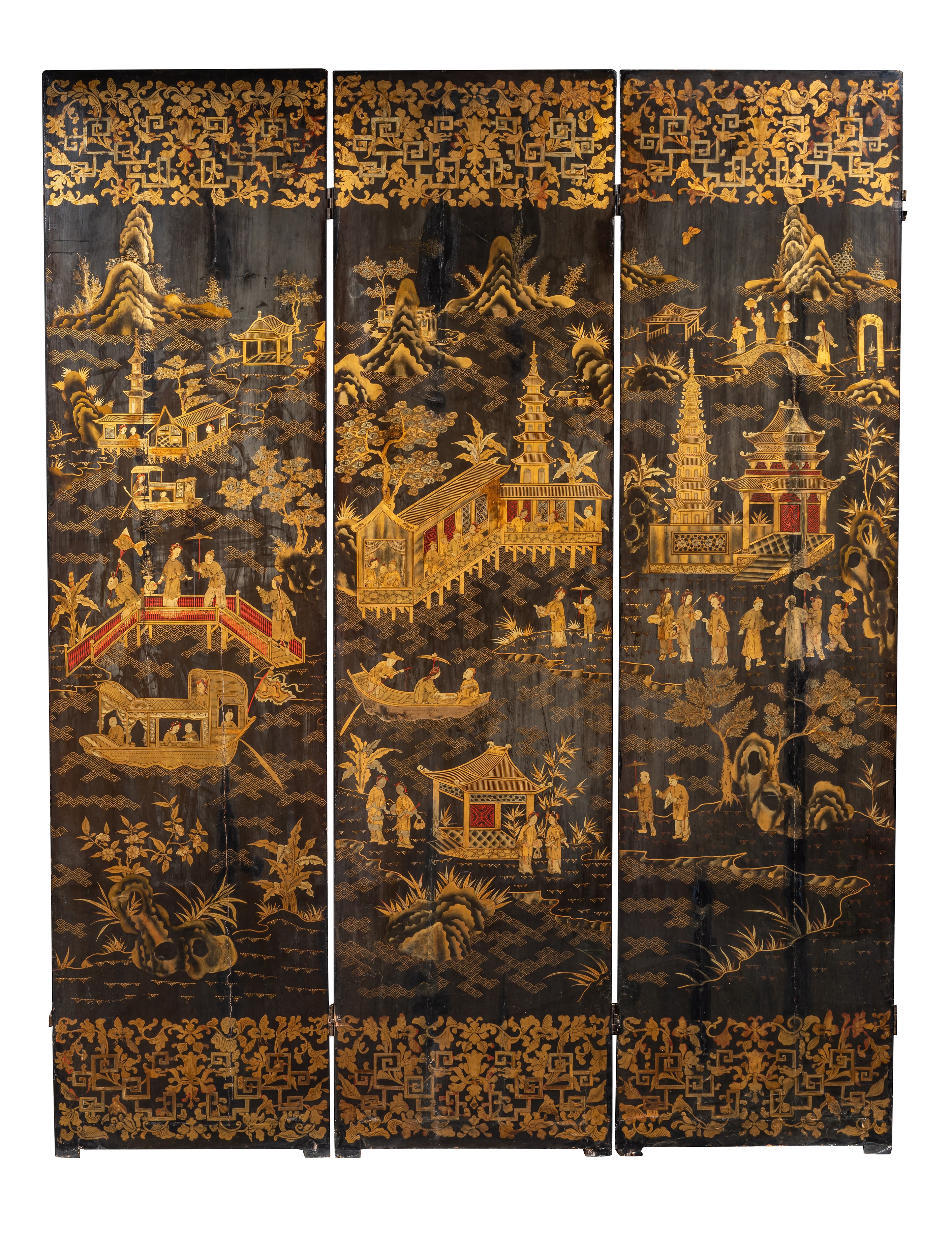 A Chinese export eight-panel gilt and black lacquer screen, late Qing dynasty, late 18thC/early 19th - Image 4 of 9