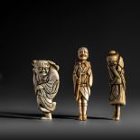 Three Japanese netsuke, Edo/Meiji period, H 8,5 - 7,1 - 8,8 cm / 26g - 35g - 26g (+)