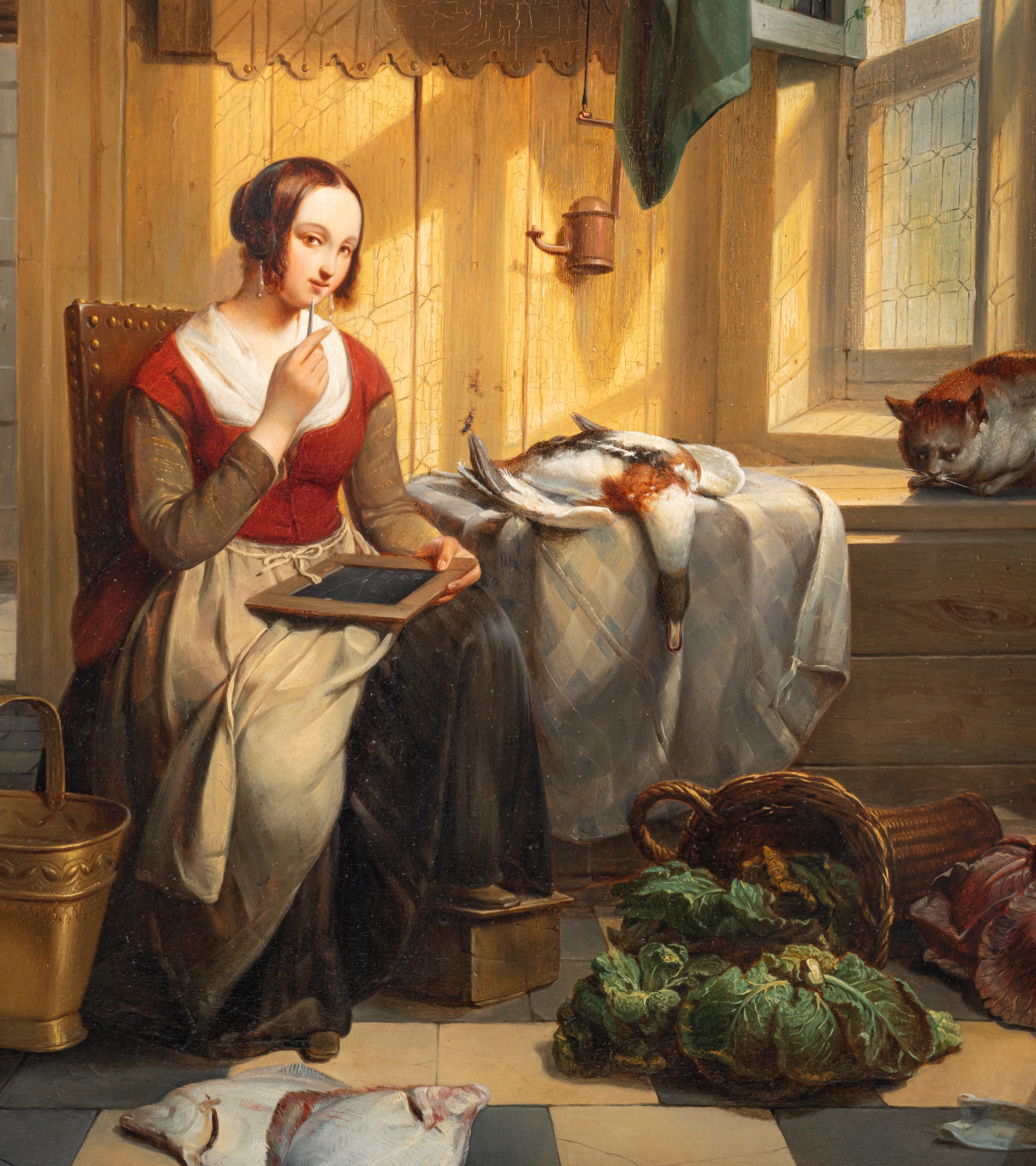 Jean Platteel (act. 1830-1870), a maid keeping books of the household stock, 1840, oil on panel, 55 - Image 5 of 6