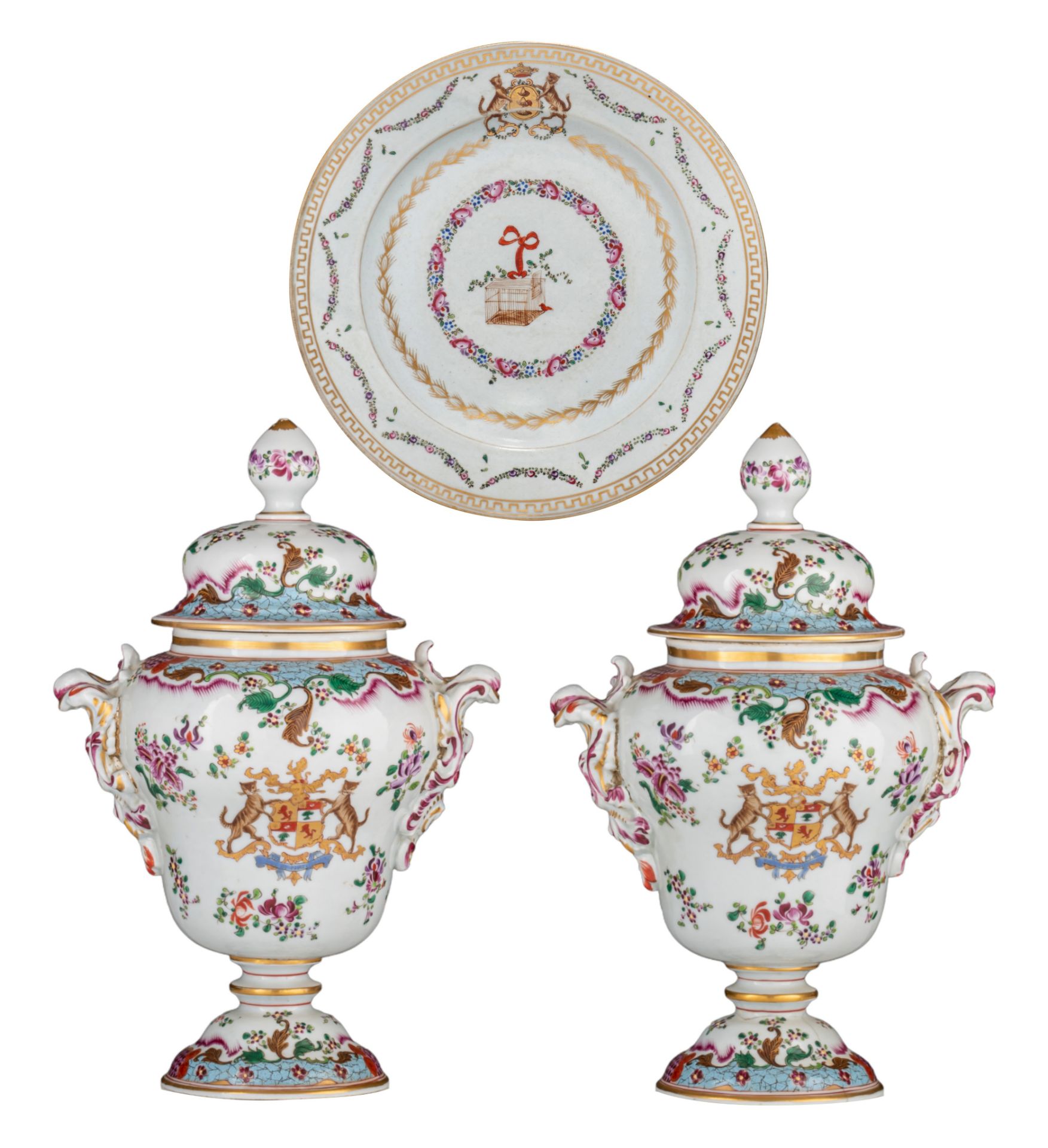 A pair of Samson armorial vases and a matching dish depicting a bird cage, H 34 - ø 23 cm