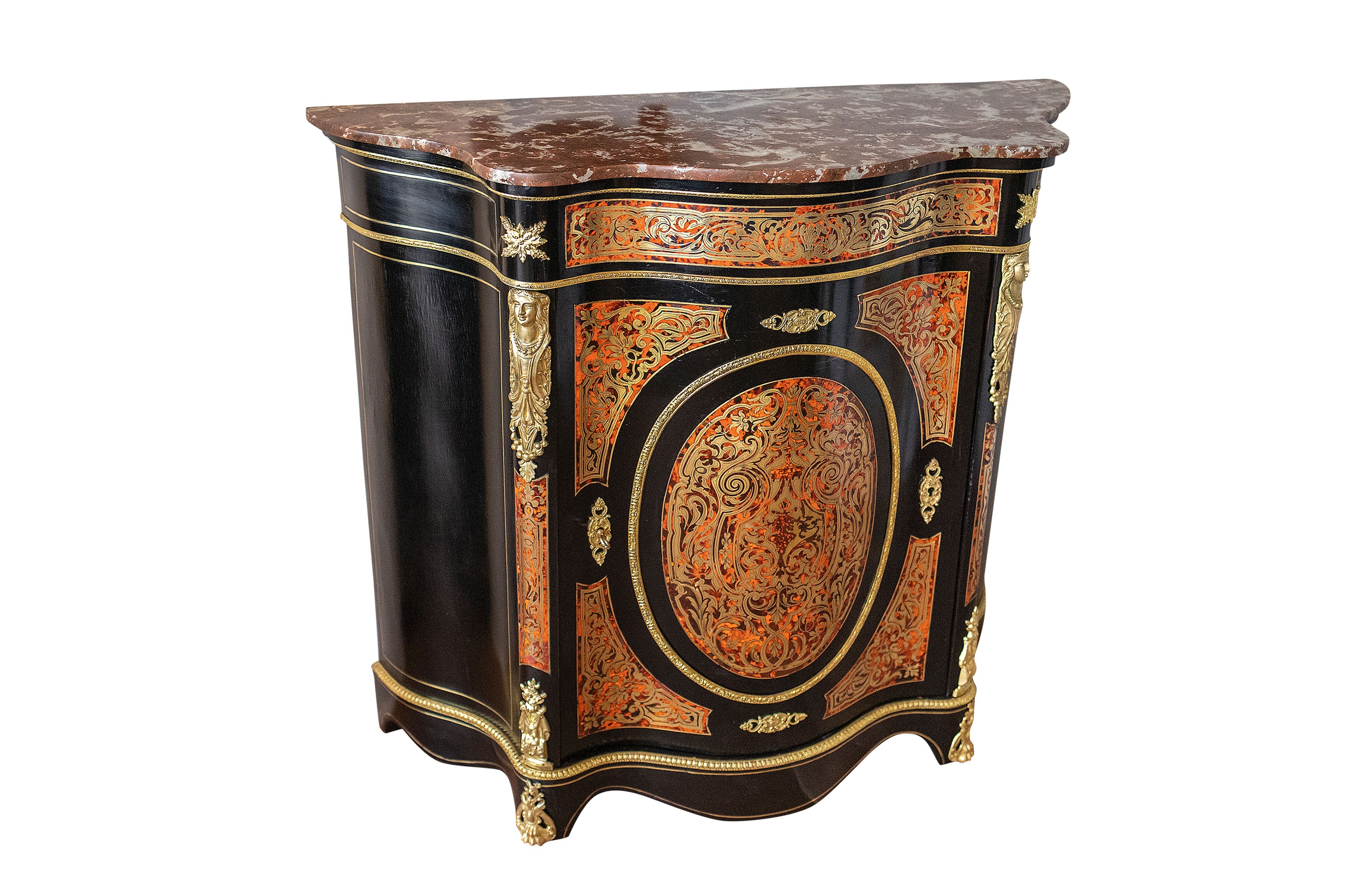 A Napoleon III Boulle cabinet with Rouge Royal marble top and gilt bronze mounts, H 102 - W 112 - D - Image 2 of 5