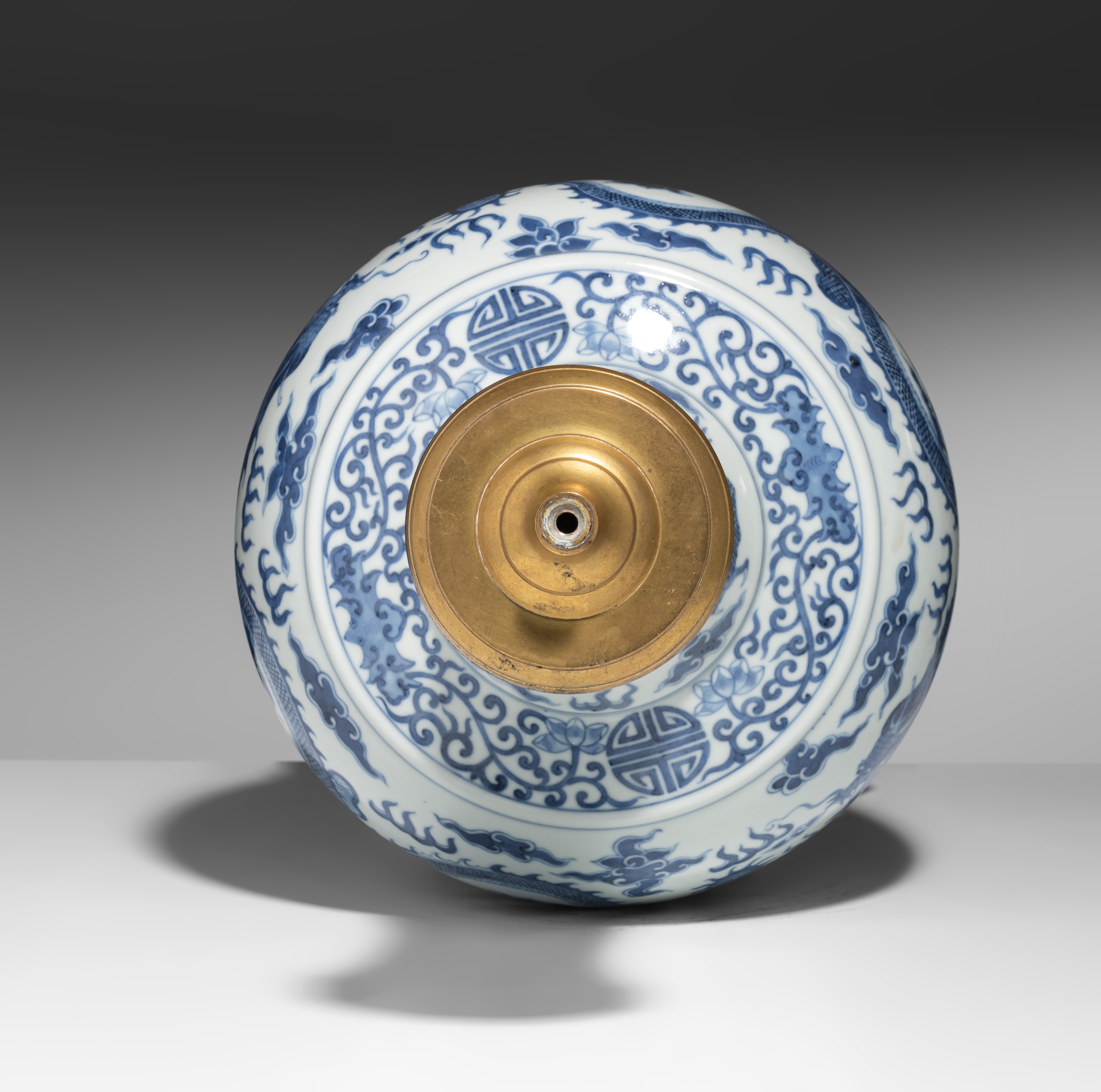 A Chinese blue and white 'Dragons' bottle vase and bronze mounts, with a Guangxu mark, Total H 50 cm - Image 6 of 8