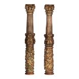 An exceptional pair of Italian Baroque polychrome and gilt limewood columns, 17thC, H 190 - 192 cm