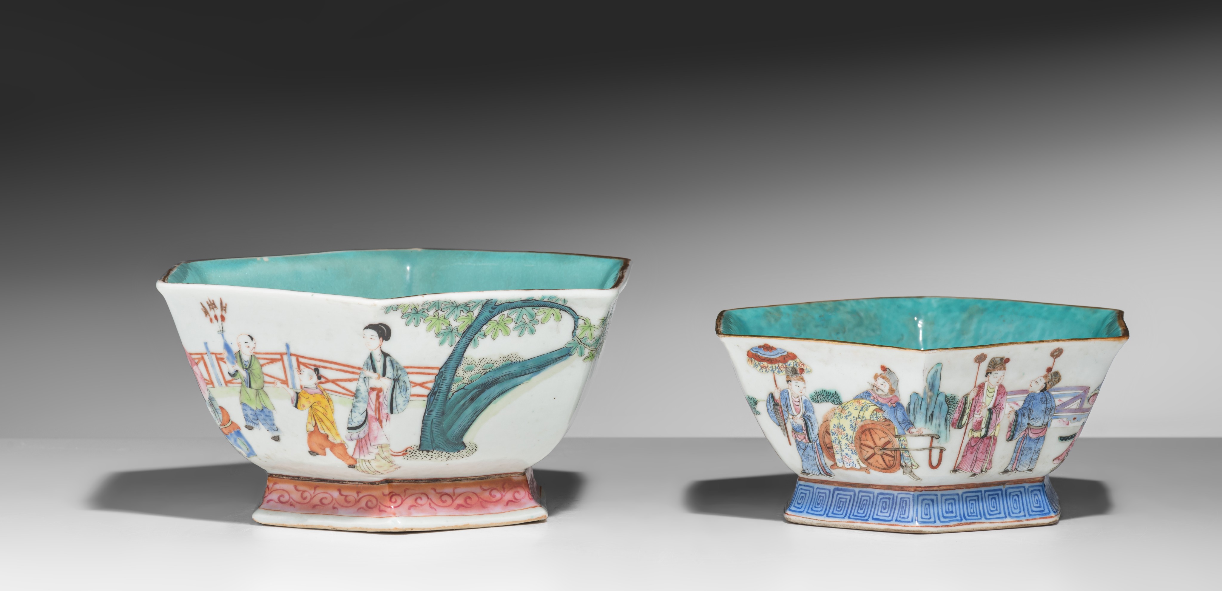 Two Chinese famille rose 'Figural' hexagonal footed bowls, the inside turquoise glazed, both marked - Image 3 of 9