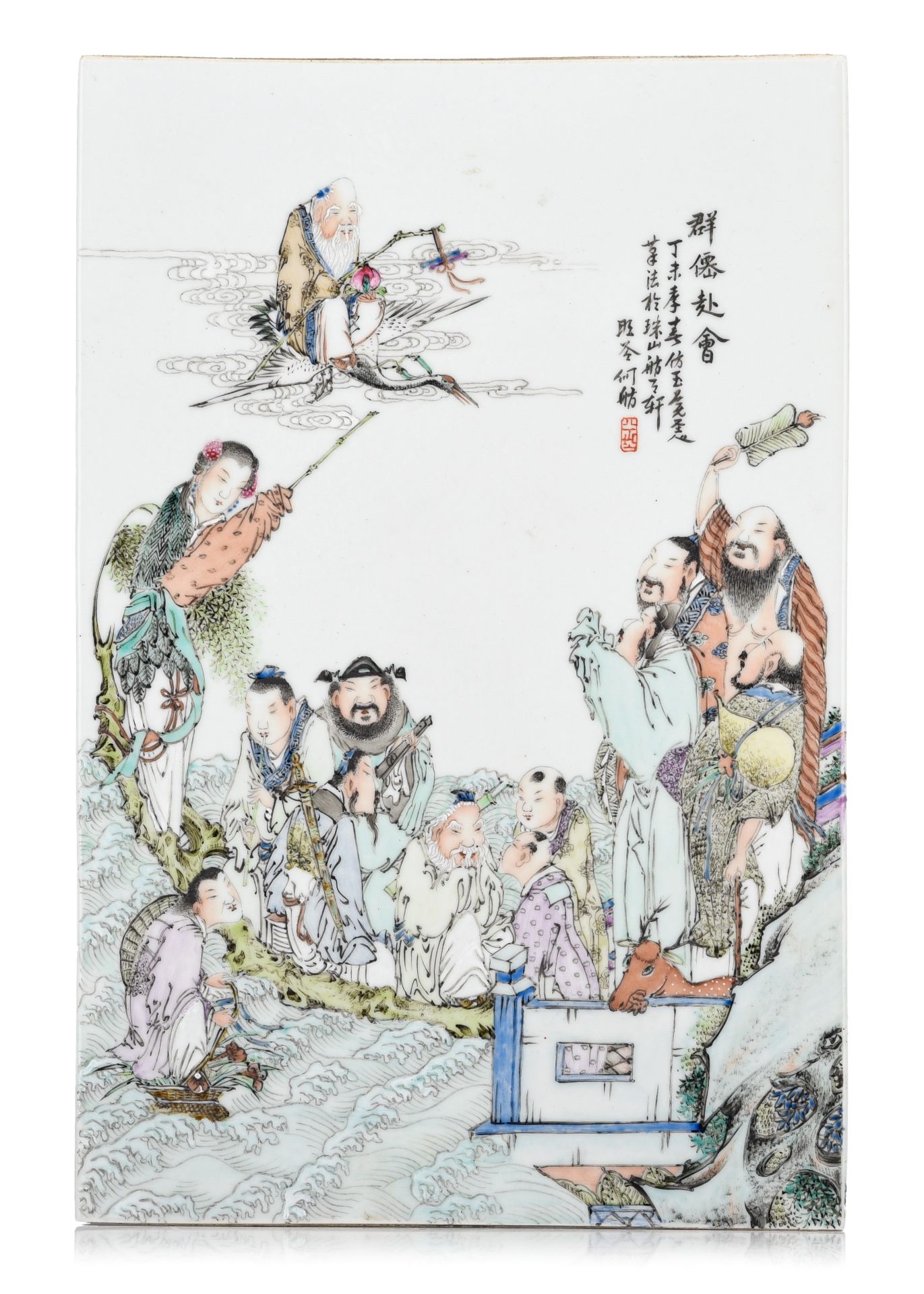 A Chinese Qianjiangcai porcelain plaque, with a signature reading 'He Ming Gu', 25,5 x 38,5 cm