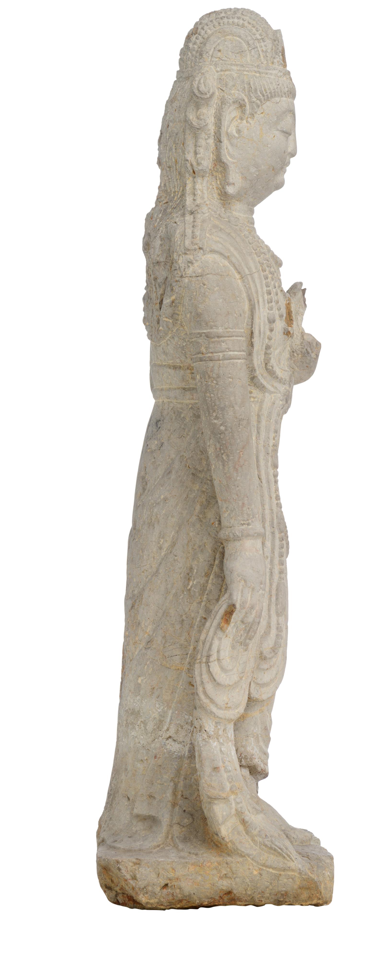 A Chinese grey limestone standing Bodhisattva, H 68 - W 24 cm - Image 2 of 18