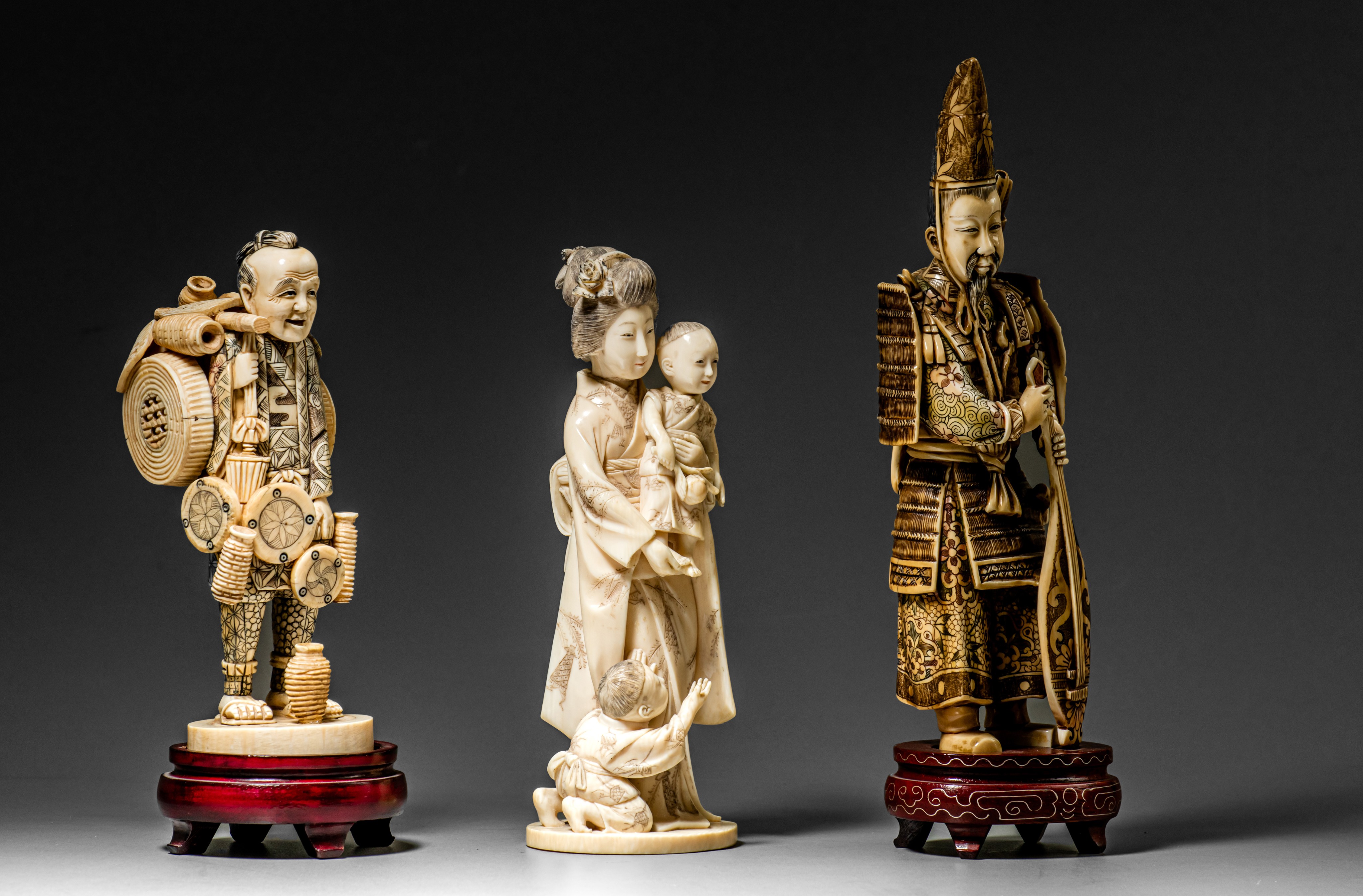 Three various Japanese carved ivory okimono (+) - Image 5 of 23