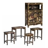 A Chinese coromandel lacquer small cabinet and four-pieces nesting tables, with semi-precious stone