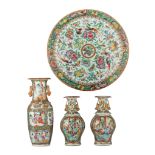 A collection of three Chinese Canton vases and a plate, 19thC, tallest H 31 cm - plate ø 34 cm