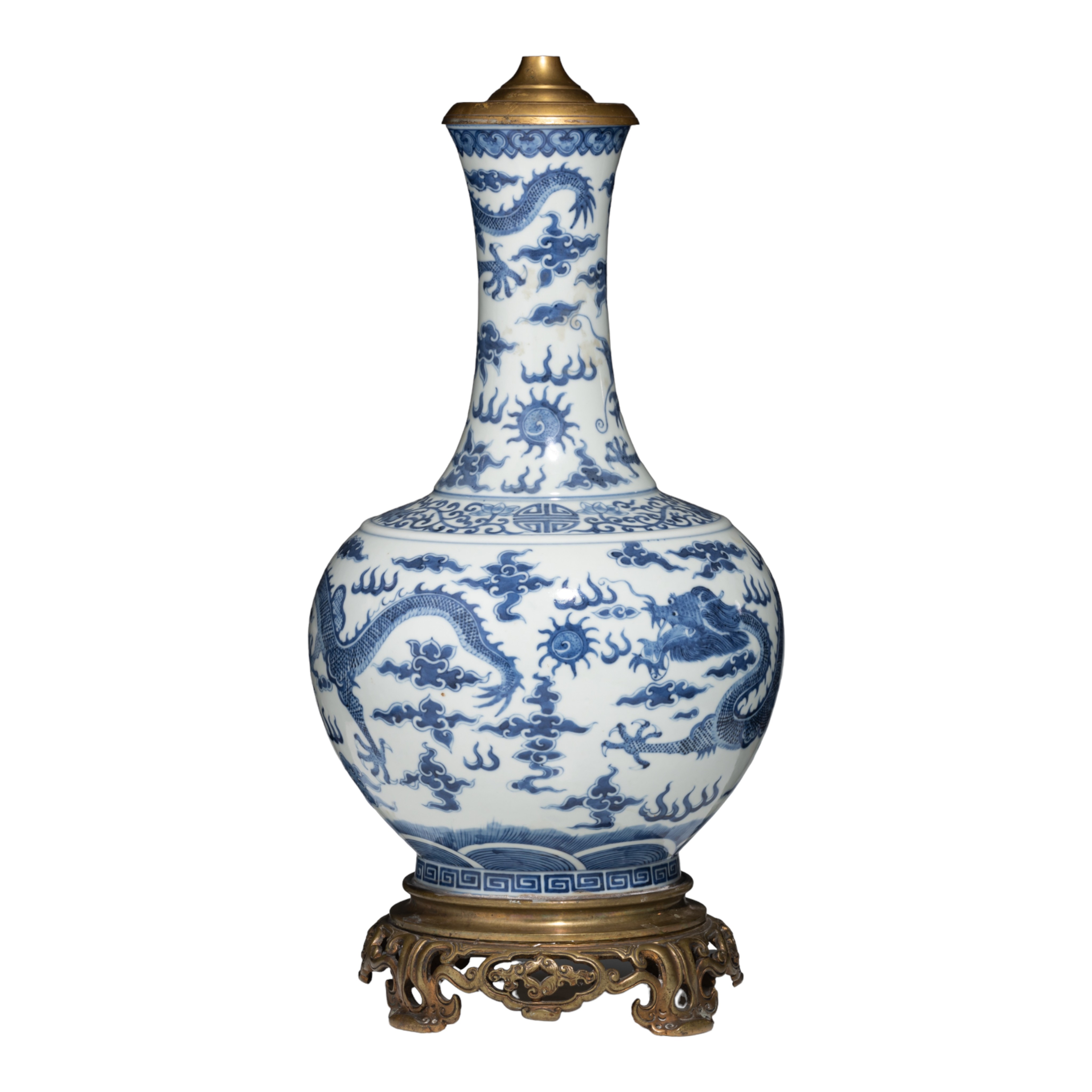 A Chinese blue and white 'Dragons' bottle vase and bronze mounts, with a Guangxu mark, Total H 50 cm