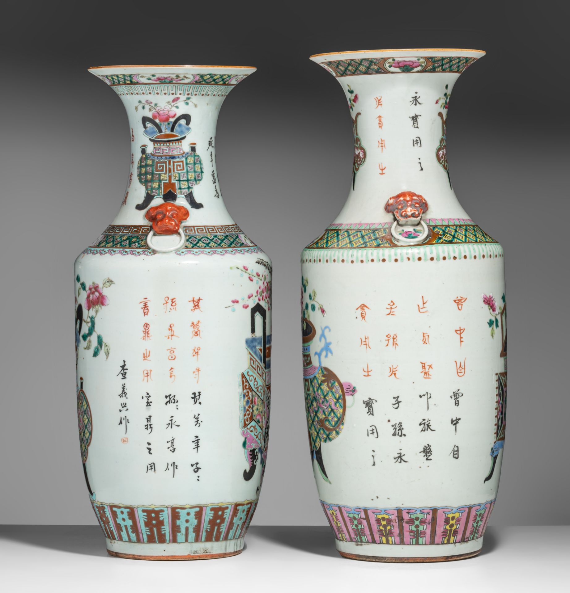 Two Chinese famille rose 'One Hundred Treasures' vases, paired with Fu lion head handles, 19thC, H 5 - Image 3 of 6