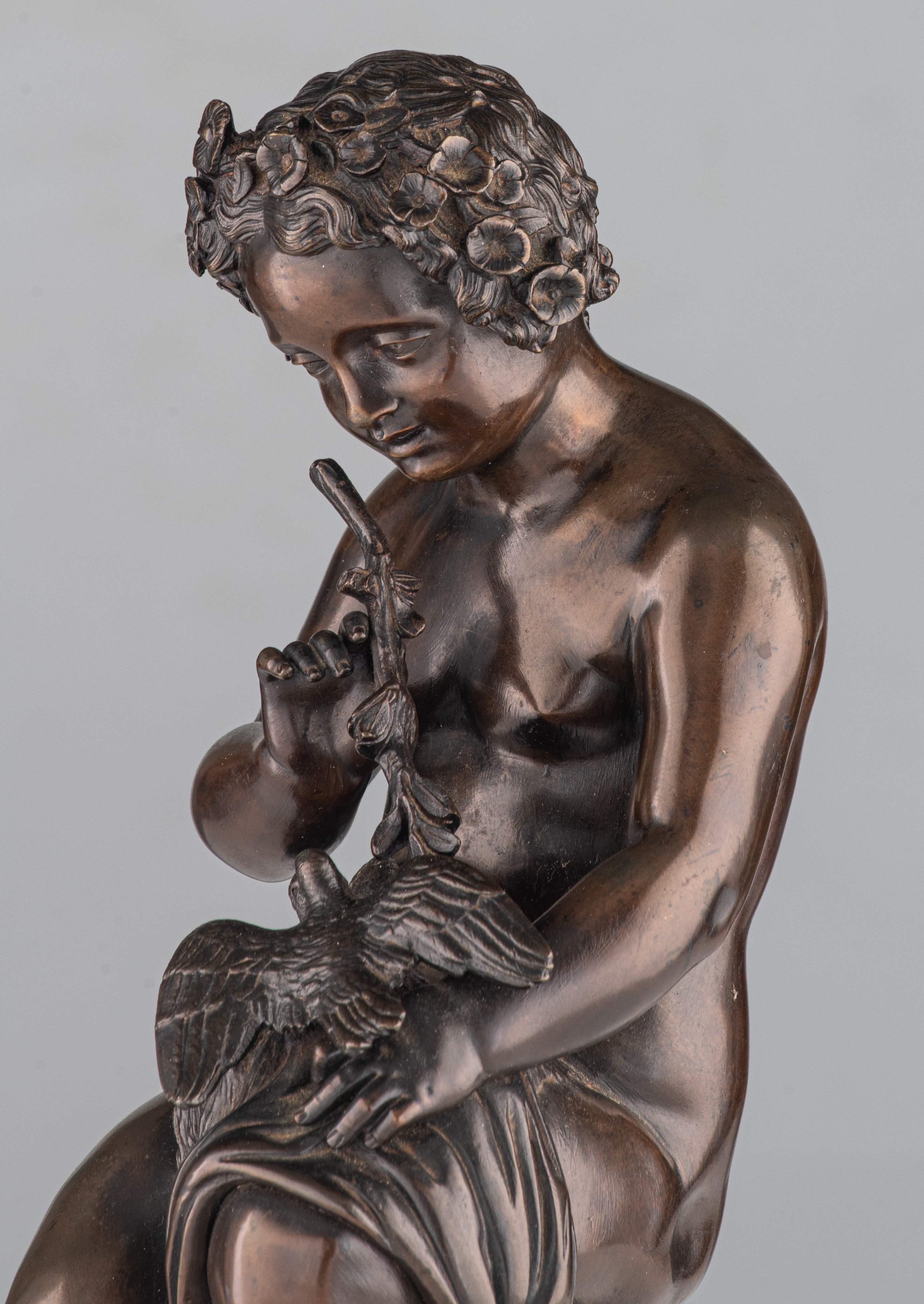 Cyprien Venot François, a patinated bronze sculpture of a putto with doves, H 42 cm - Image 8 of 8