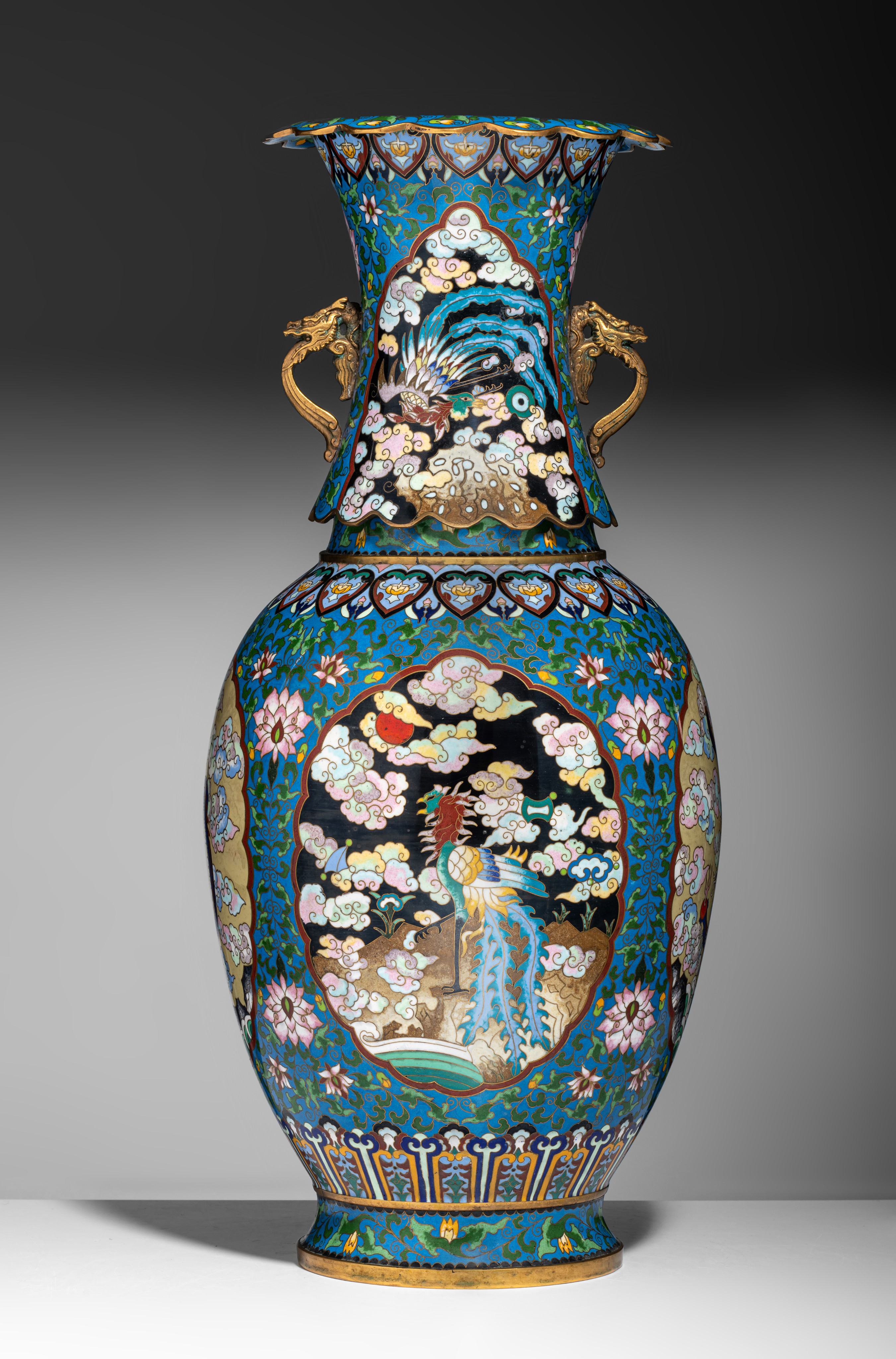 A Chinese cloisonné enamelled bronze vase, paired with dragon handles in gilt, with a Xuande mark, 2 - Image 2 of 11